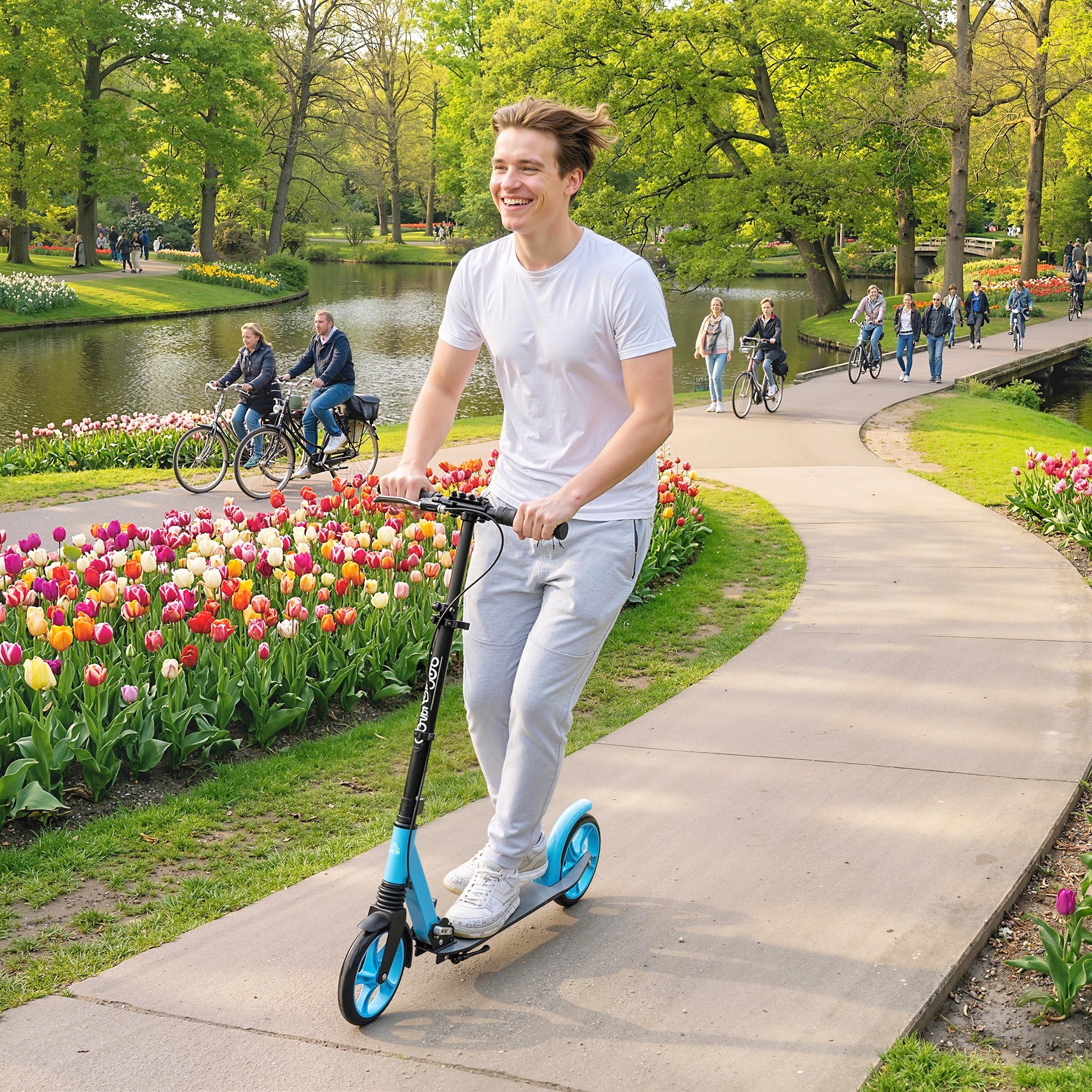 HOMCOM Folding Kick Scooter For 14+ W/ Adjustable Height, Blue - Image 2