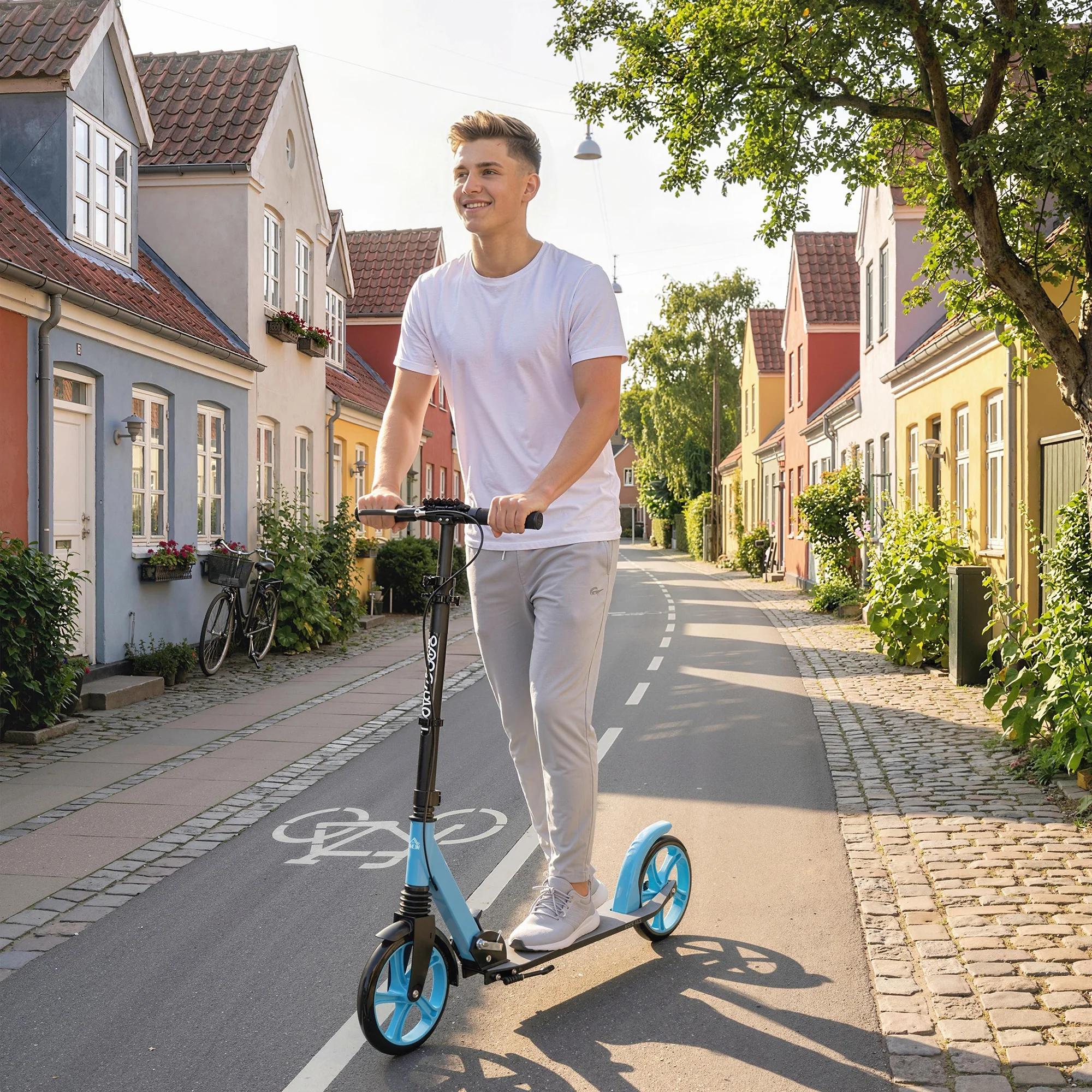 HOMCOM Folding Kick Scooter For 14+ W/ Adjustable Height, Blue - Image 9