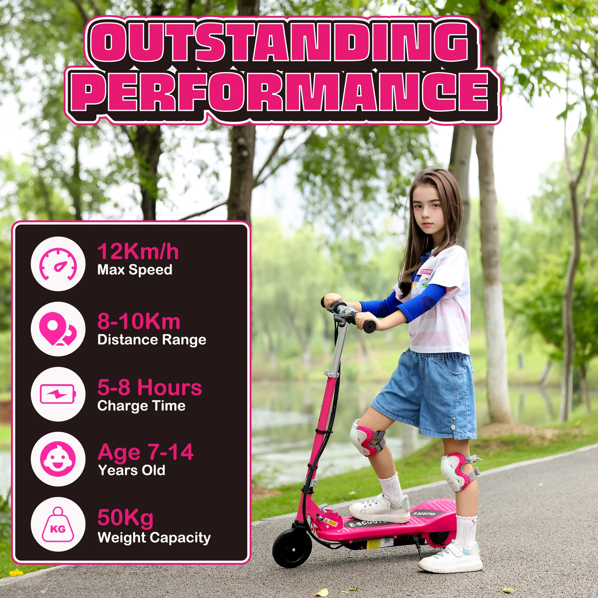 HOMCOM Folding Kids Electric Scooter for 7-14, Pink - Image 3