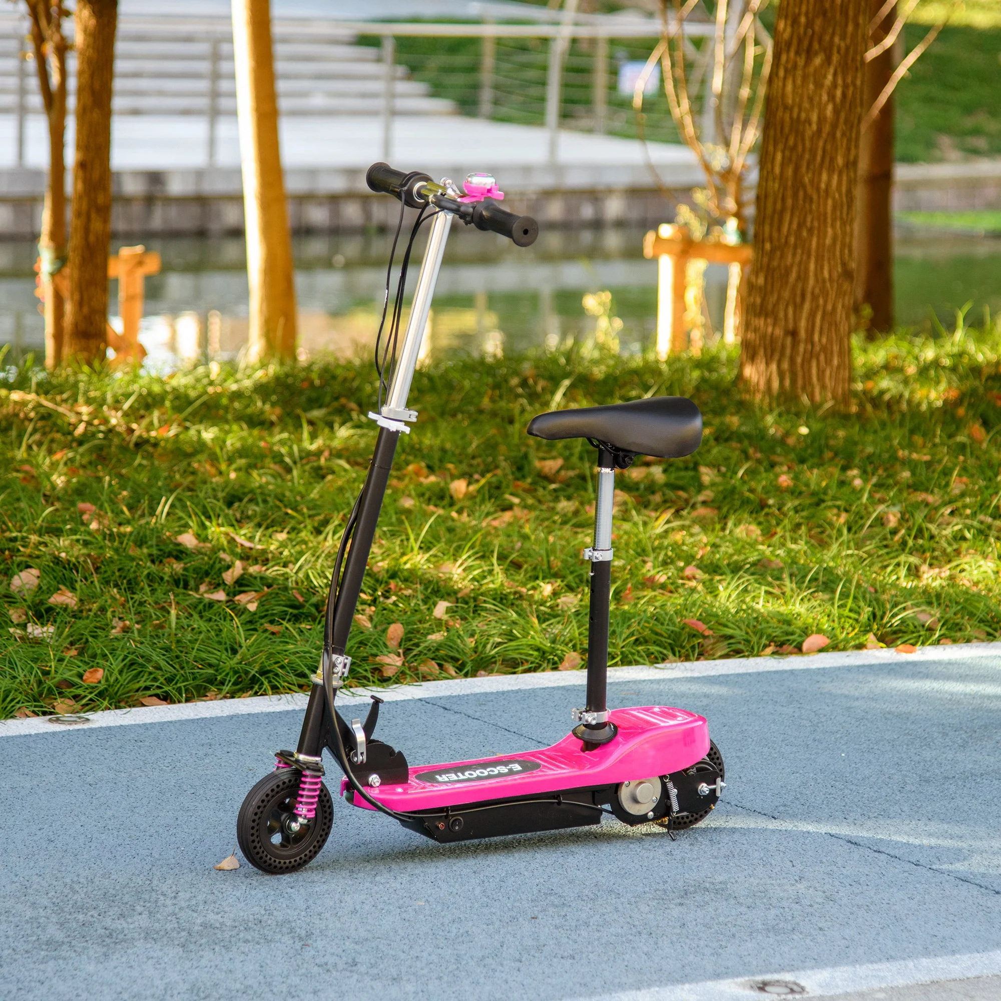HOMCOM Folding Ride On Powered Scooter W/ Warning Bell For Age 4-14 Years - Red/Pink - Image 11