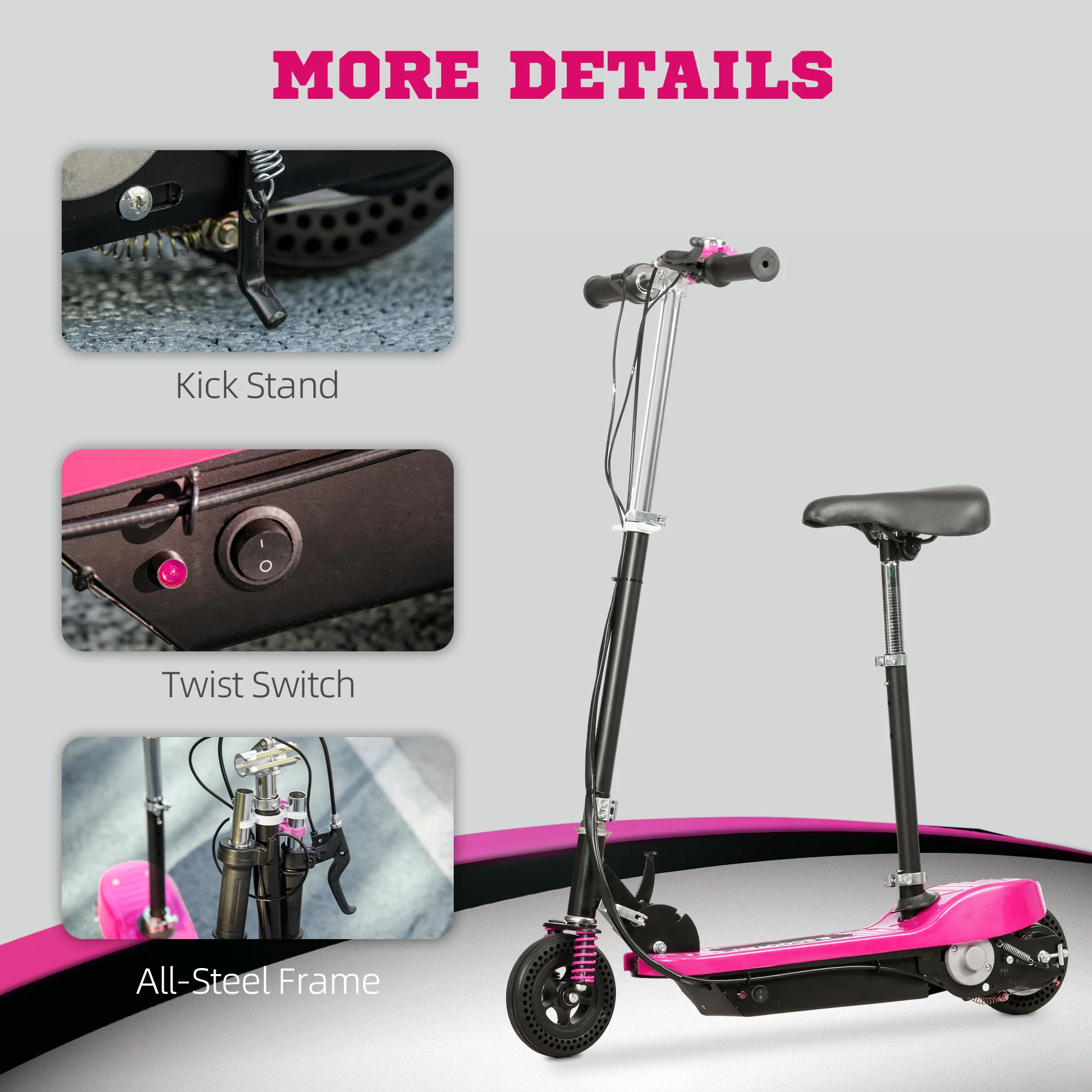HOMCOM Folding Ride On Powered Scooter W/ Warning Bell For Age 4-14 Years - Red/Pink - Image 17