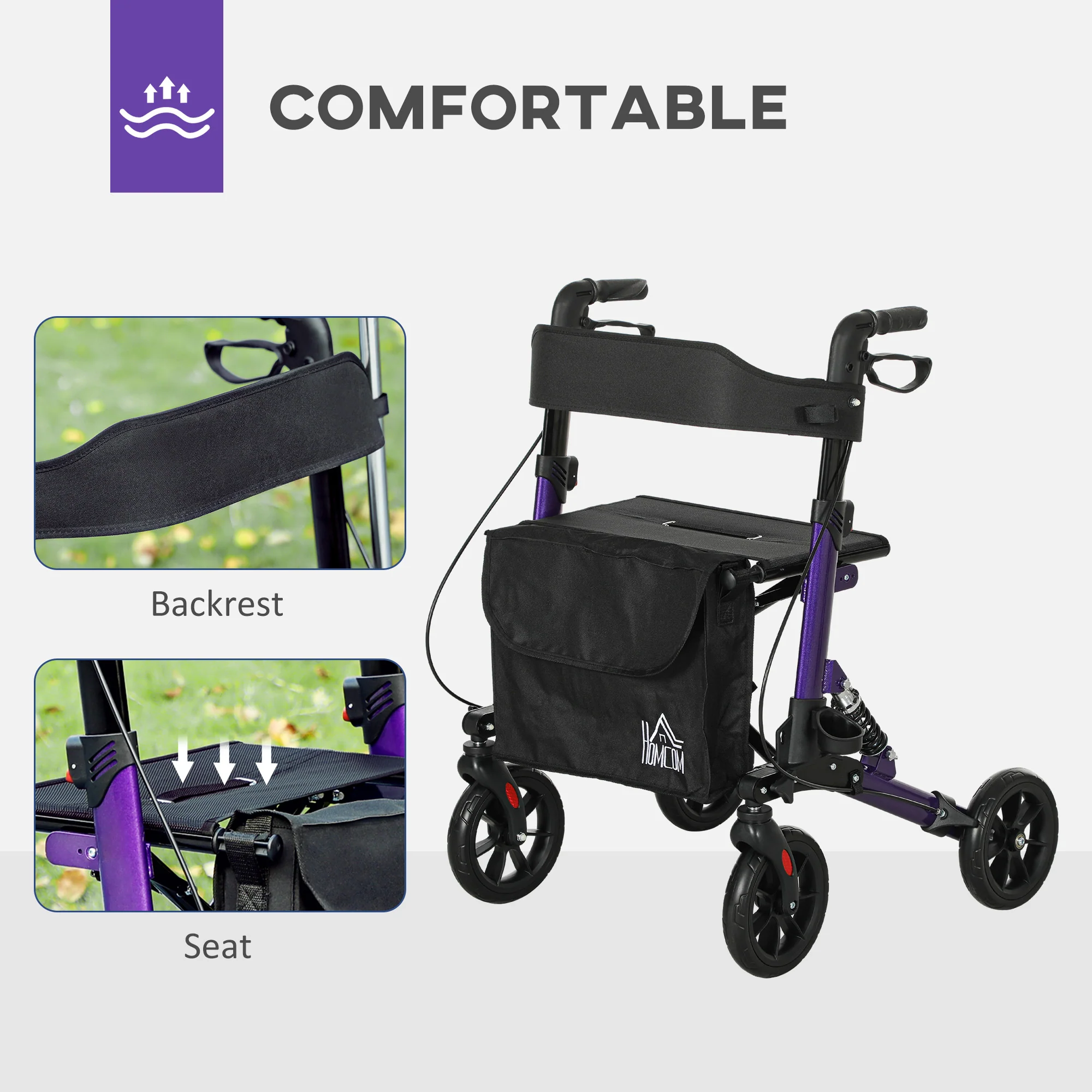 HOMCOM Folding Rollator Walker with Seat, Backrest, Bag, 4 Wheels - Image 12