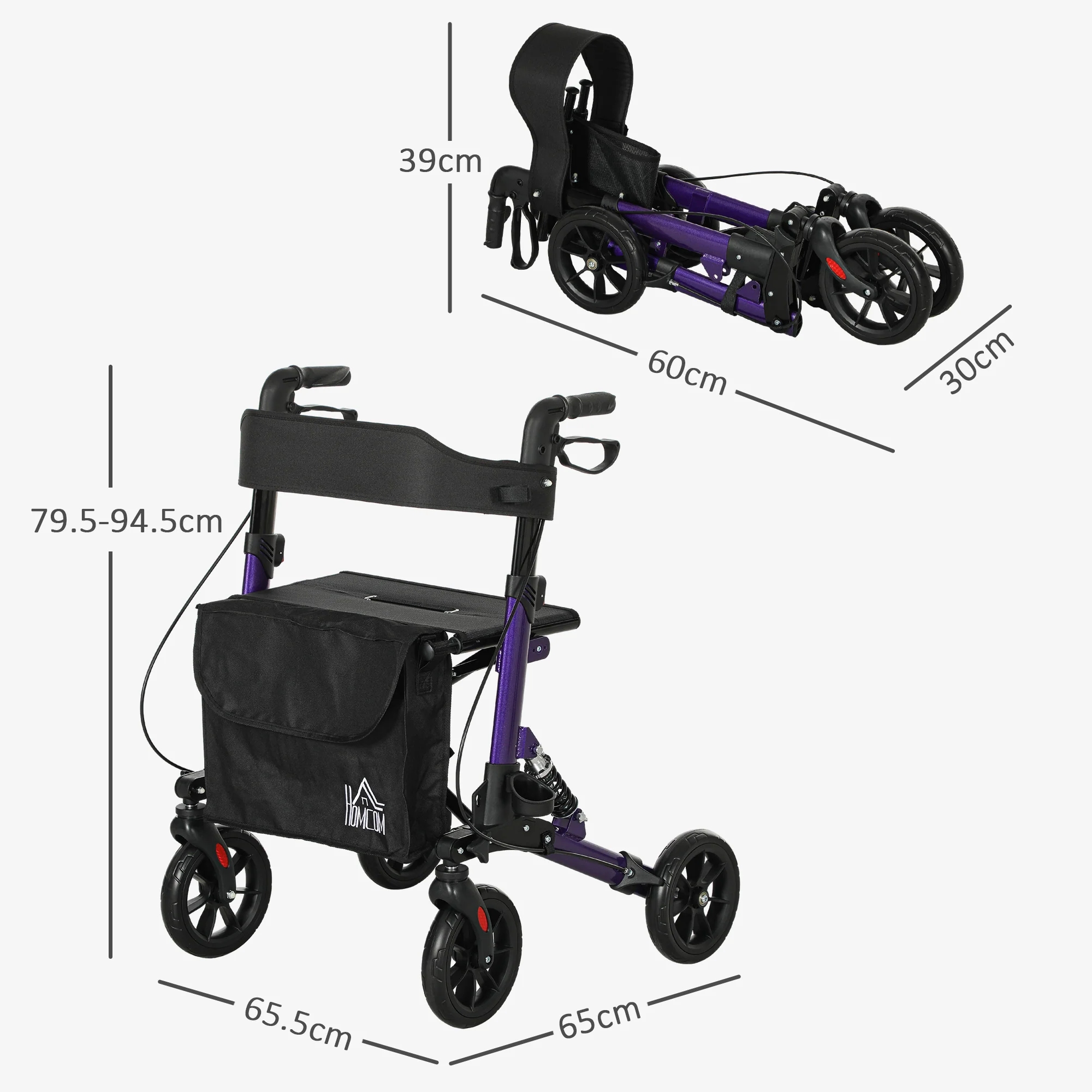 HOMCOM Folding Rollator Walker with Seat, Backrest, Bag, 4 Wheels - Image 14