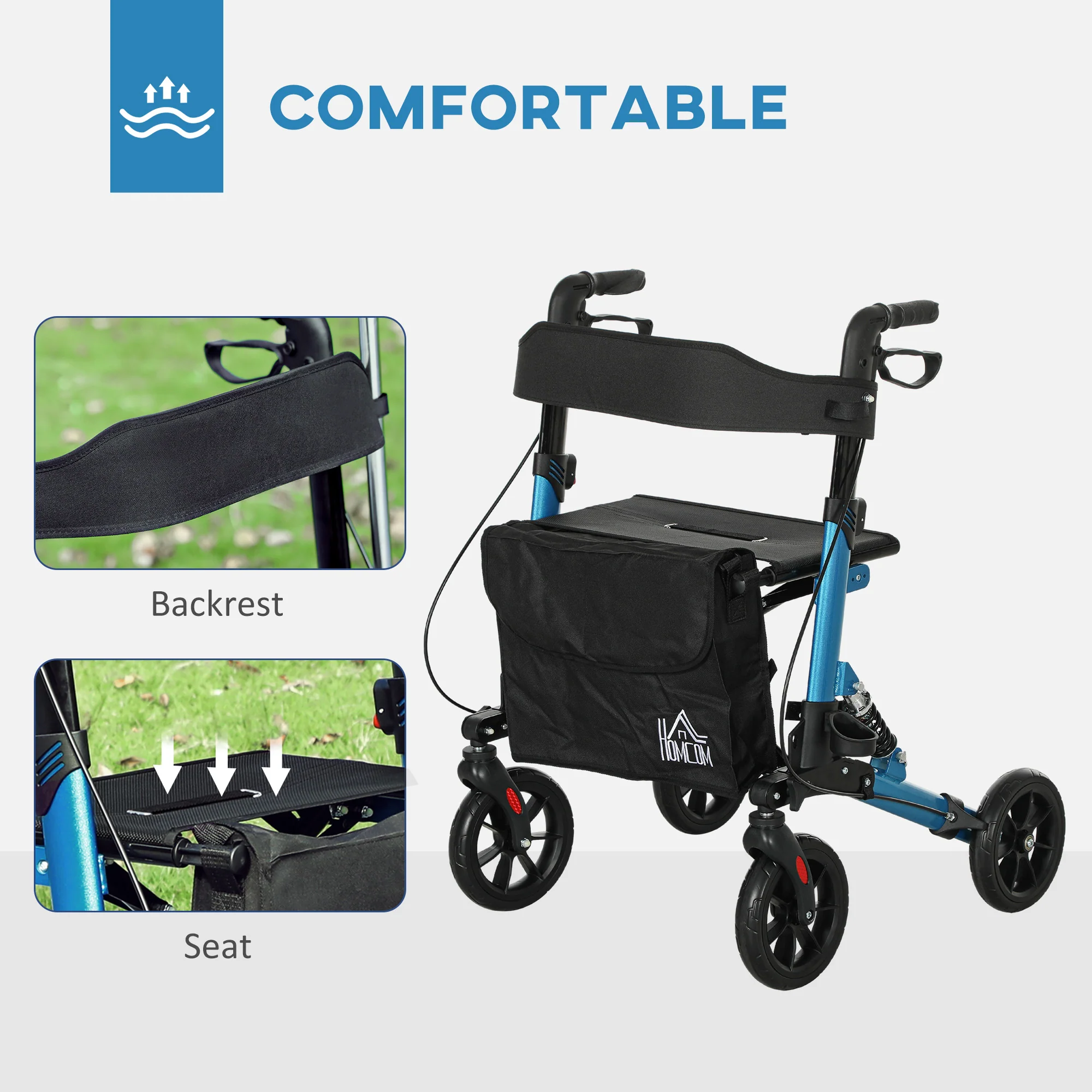 HOMCOM Folding Rollator Walker with Seat, Backrest, Bag, 4 Wheels - Image 3