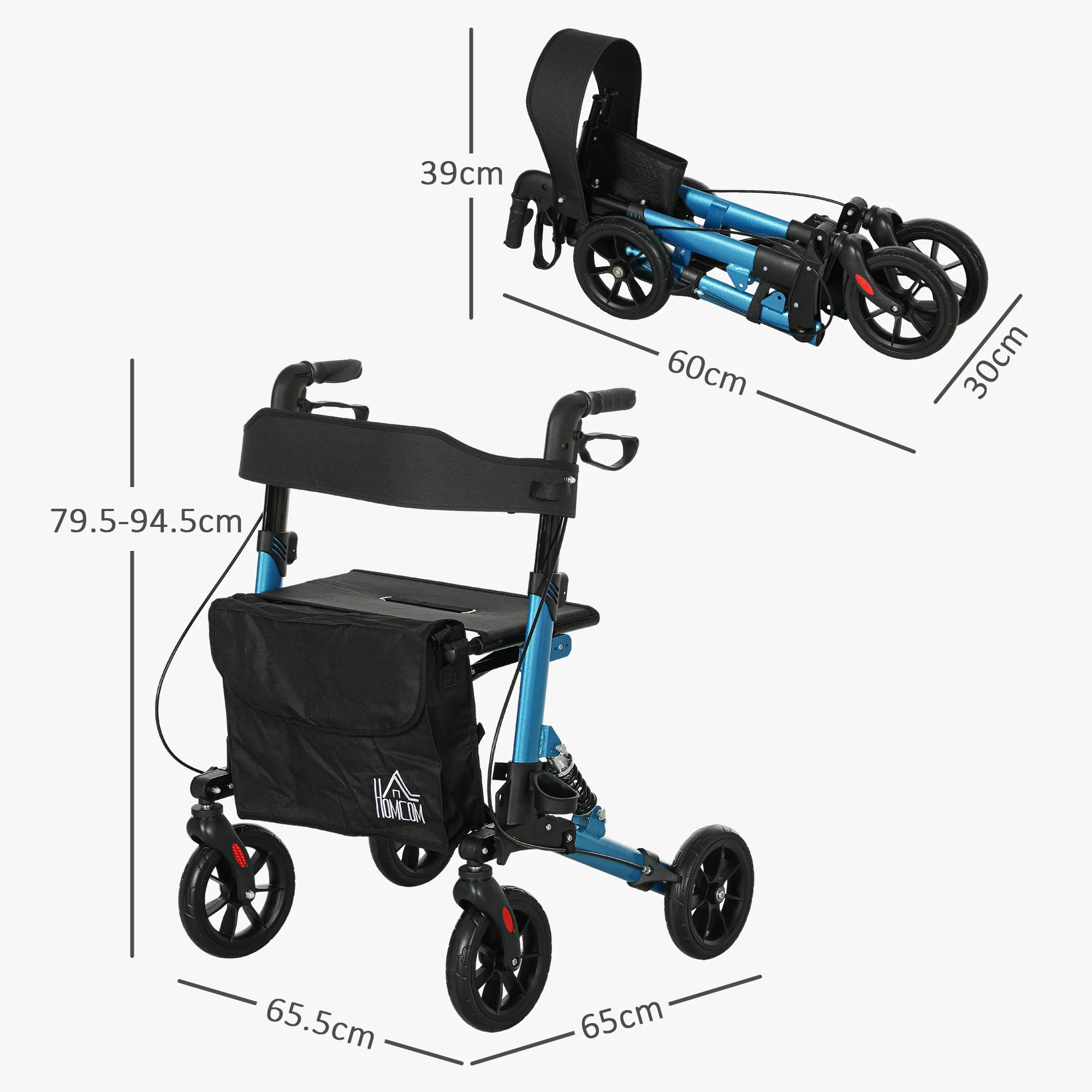 HOMCOM Folding Rollator Walker with Seat, Backrest, Bag, 4 Wheels - Image 5