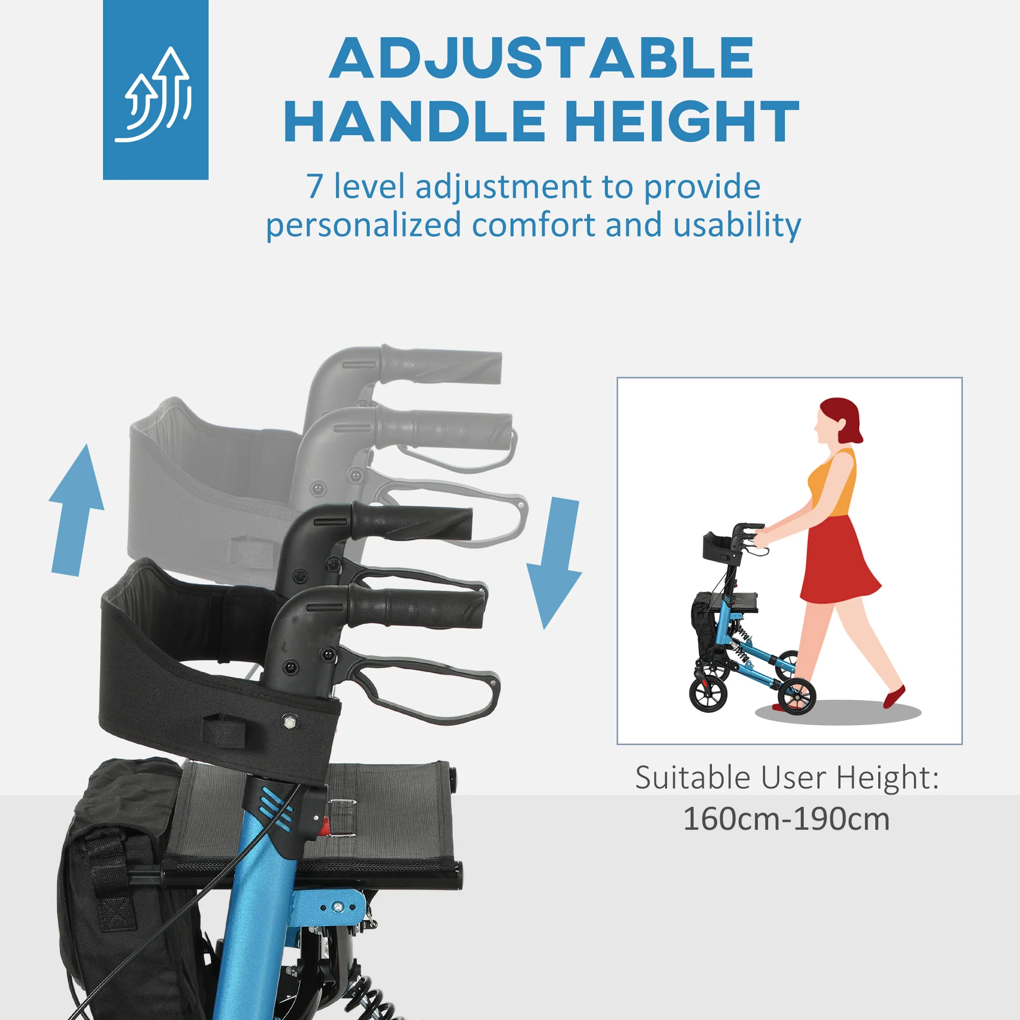 HOMCOM Folding Rollator Walker with Seat, Backrest, Bag, 4 Wheels - Image 6