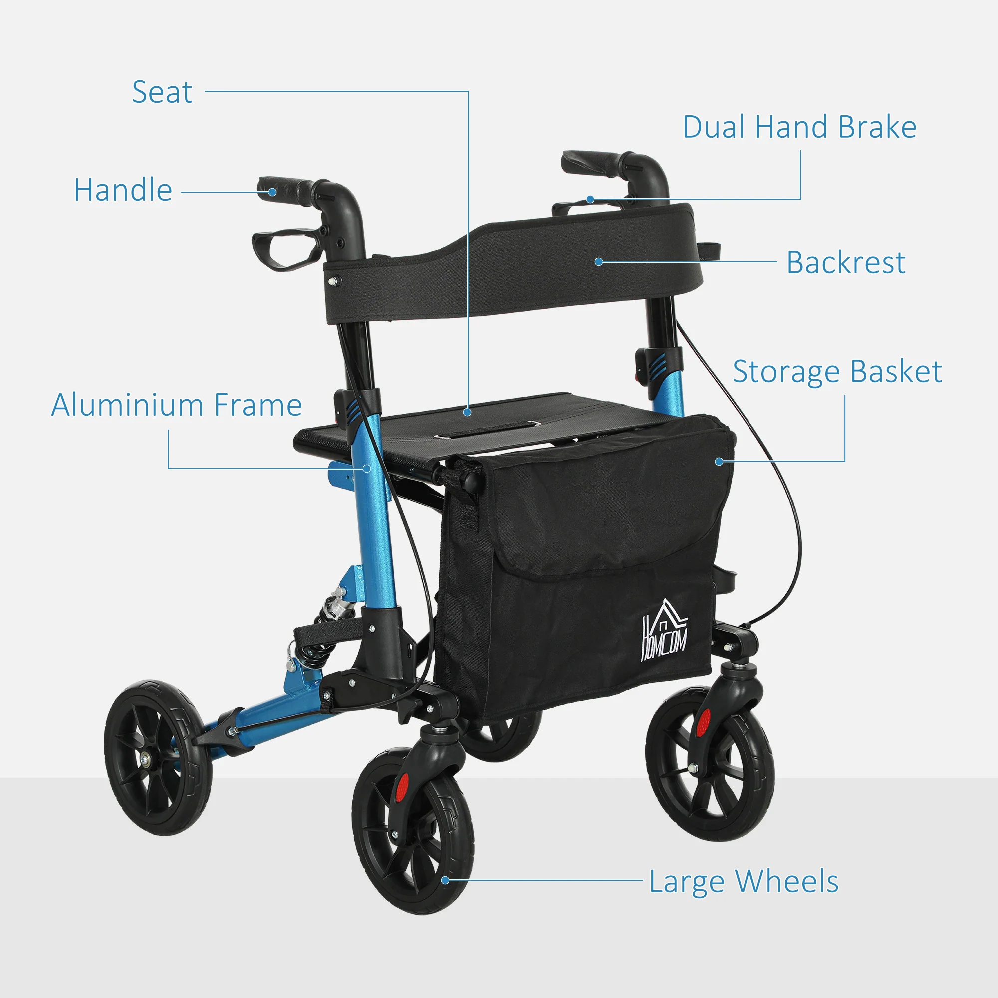 HOMCOM Folding Rollator Walker with Seat, Backrest, Bag, 4 Wheels - Image 8