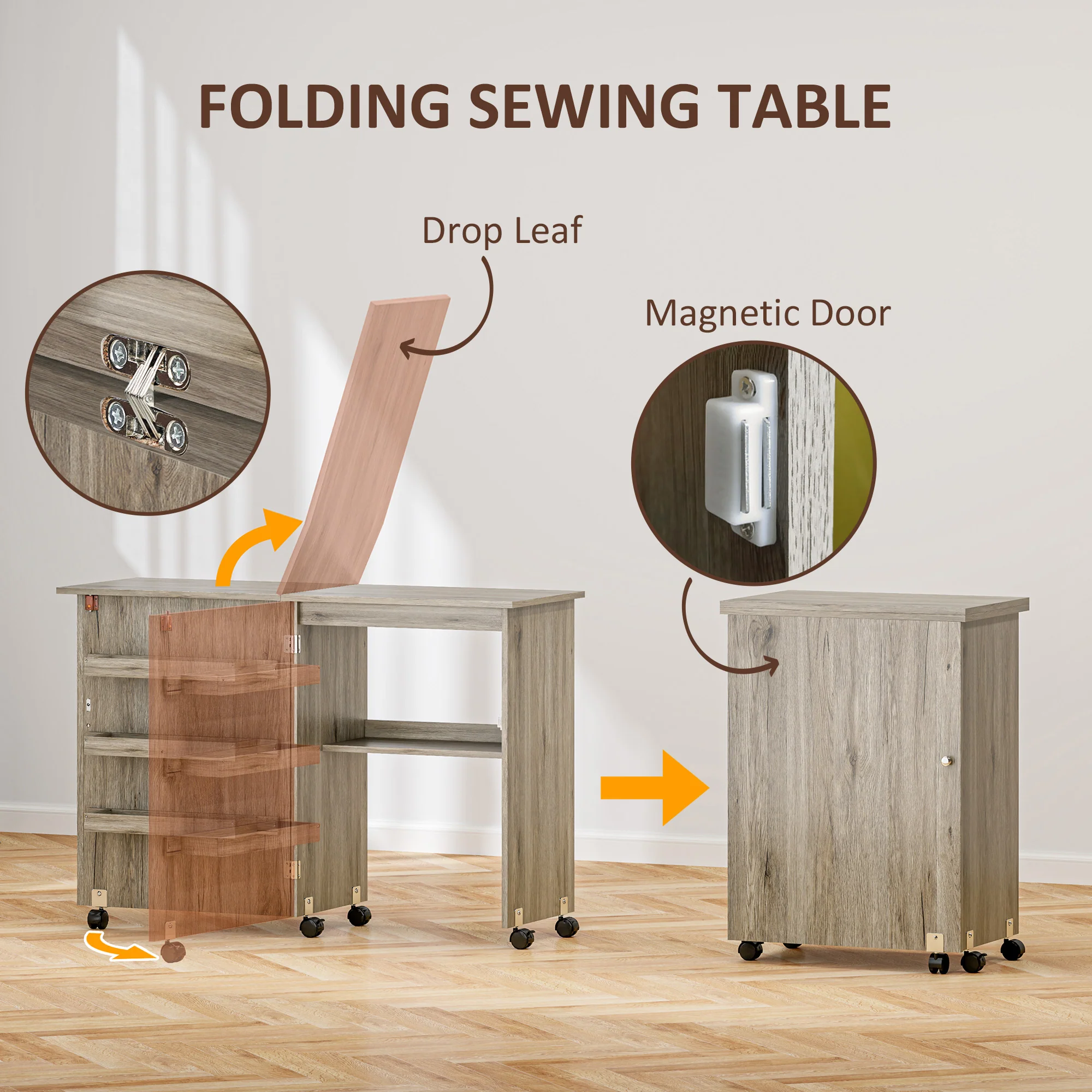 HOMCOM Folding Sewing Table Rolling Craft Table With Drop Leaf Wheels - Image 3