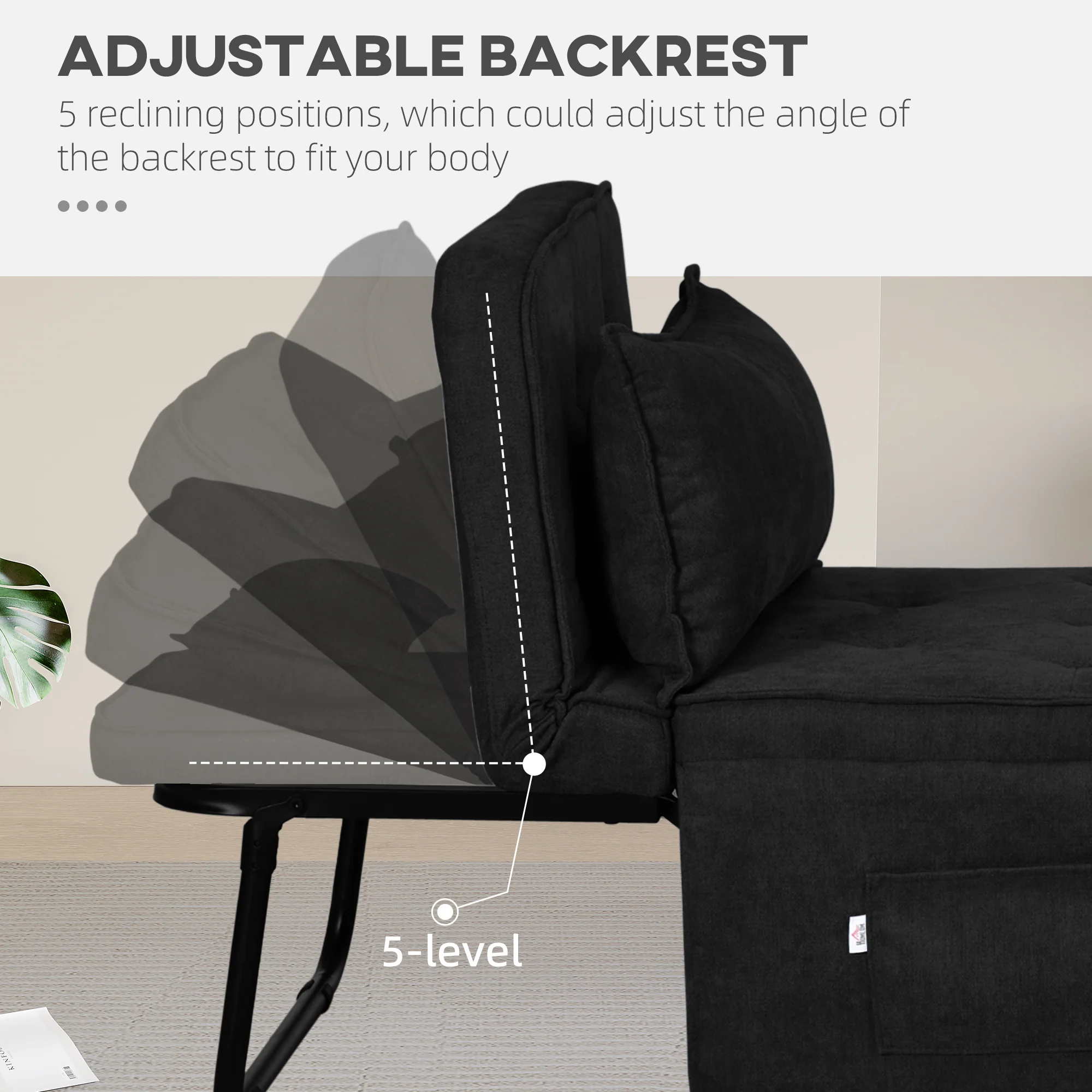 HOMCOM Folding Sleeper Chair Bed With Pillow And Side Pockets, Black - Image 4