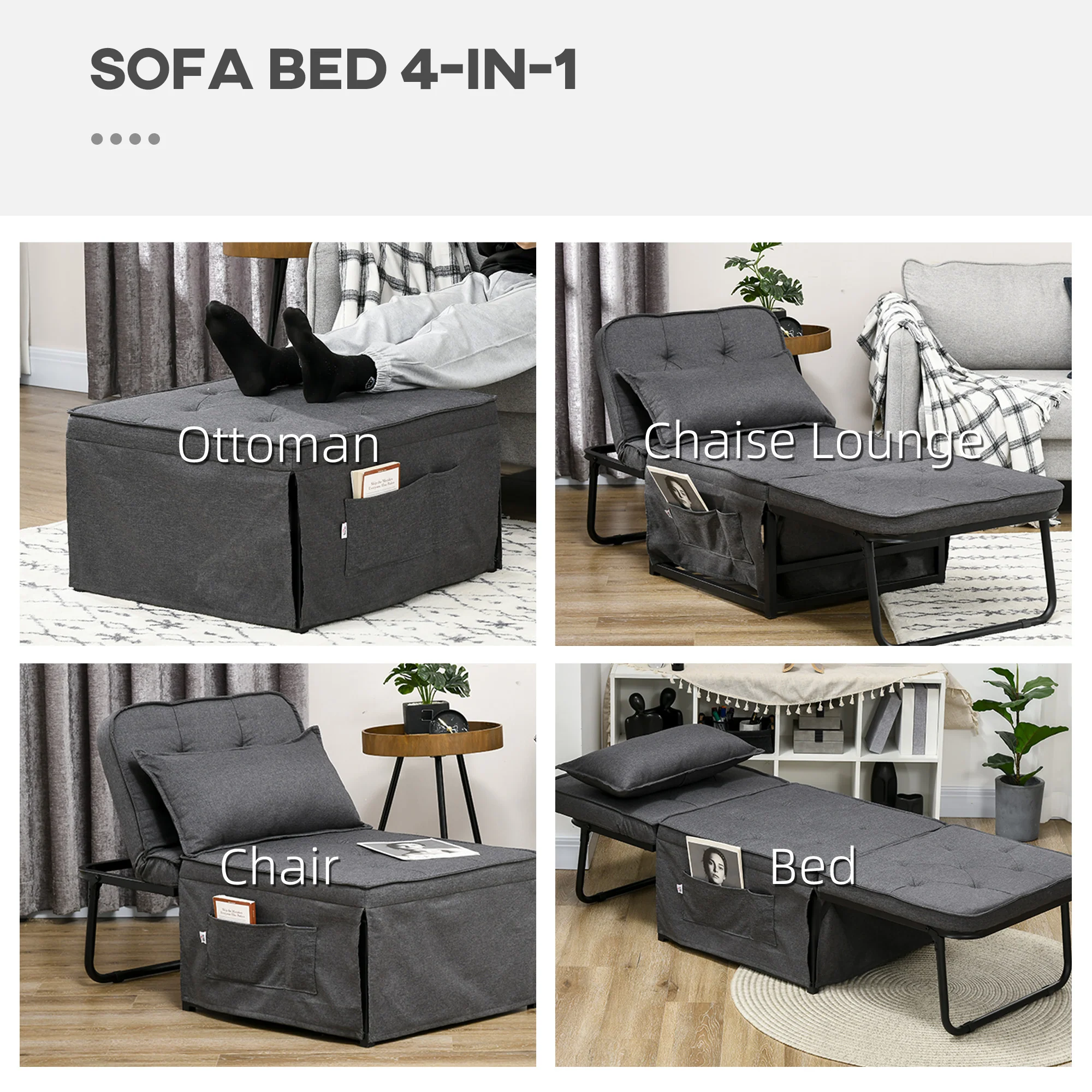HOMCOM Folding Sleeper Chair Bed With Pillow And Side Pockets, Charcoal Grey - Image 3
