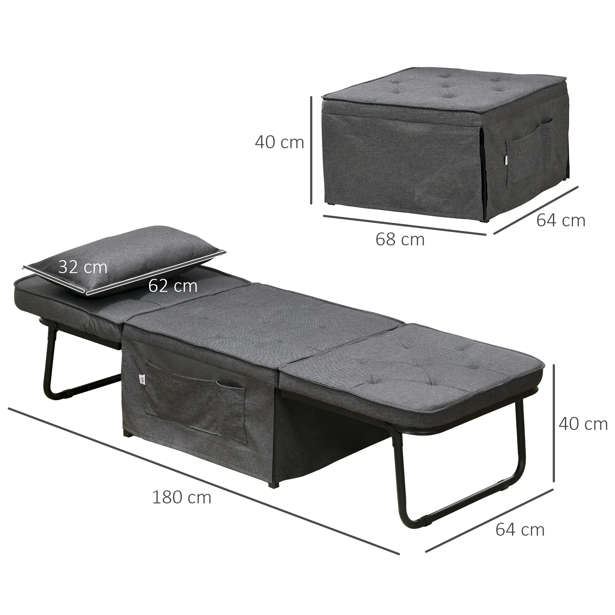 HOMCOM Folding Sleeper Chair Bed With Pillow And Side Pockets, Charcoal Grey - Image 5