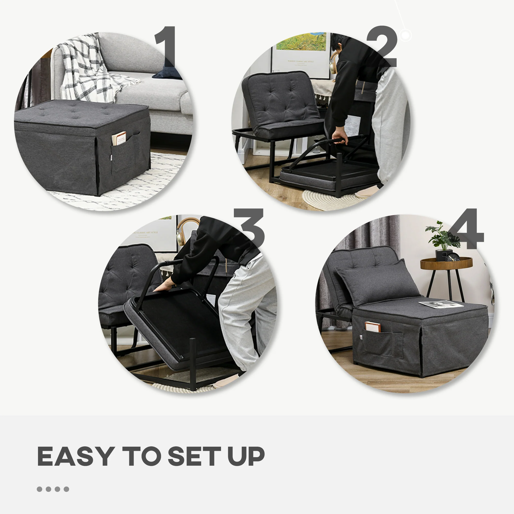 HOMCOM Folding Sleeper Chair Bed With Pillow And Side Pockets, Charcoal Grey - Image 6