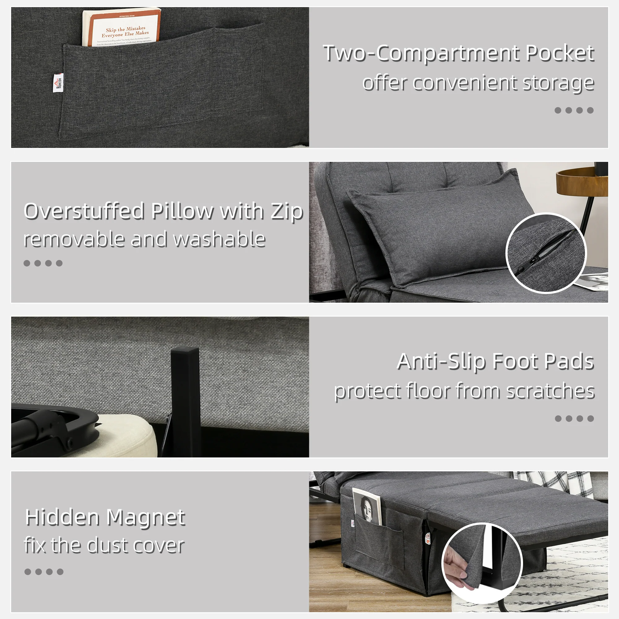 HOMCOM Folding Sleeper Chair Bed With Pillow And Side Pockets, Charcoal Grey - Image 7