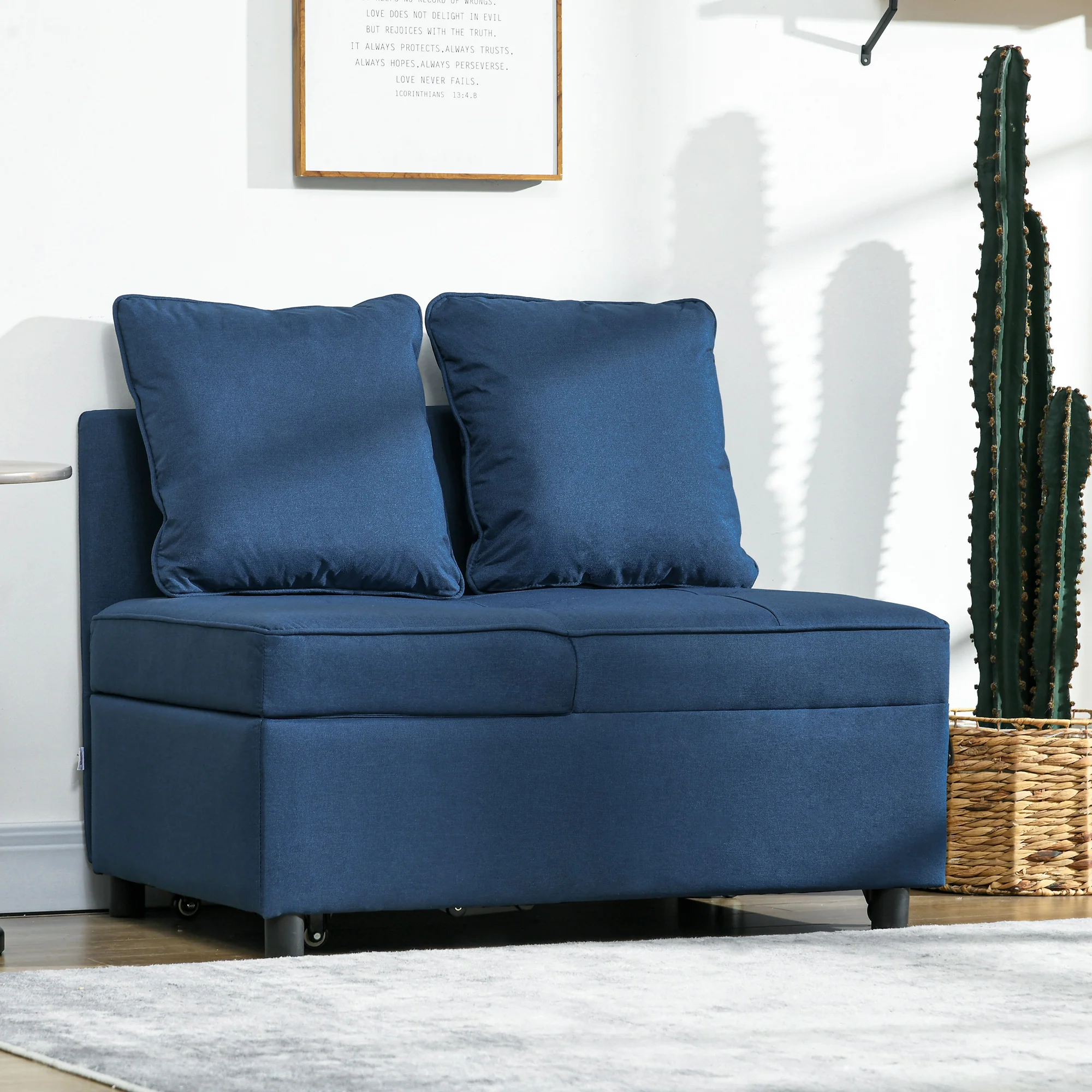 HOMCOM Folding Sleeper Sofa Bed Chair With Pillows, Pocket, Blue - Image 2