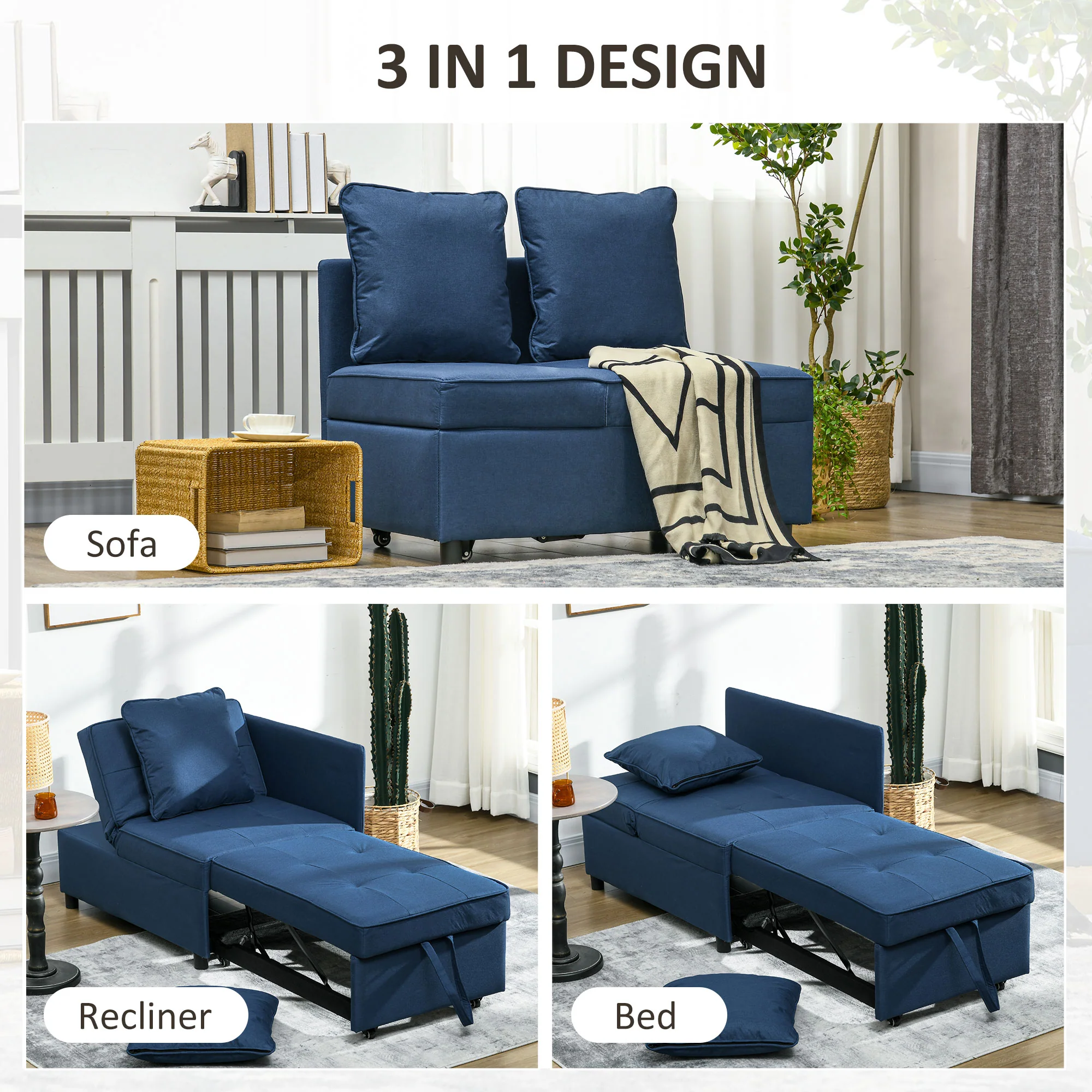HOMCOM Folding Sleeper Sofa Bed Chair With Pillows, Pocket, Blue - Image 6