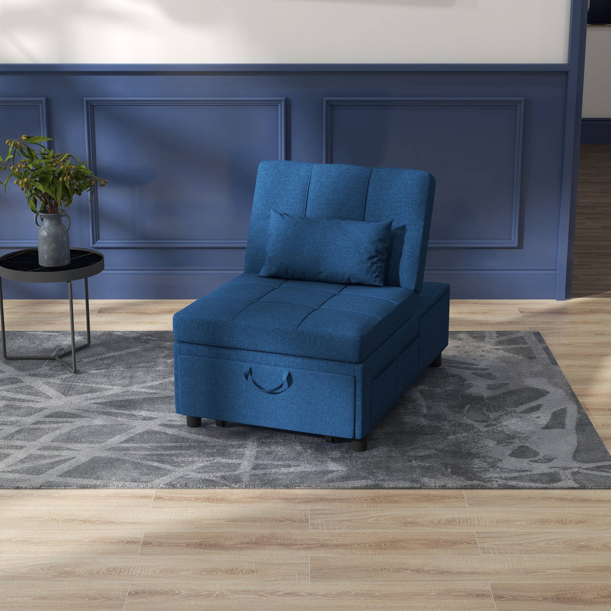HOMCOM Folding Sofa Bed Adjustable Single Sleeper W/ Pillow Side Pocket, Blue - Image 2