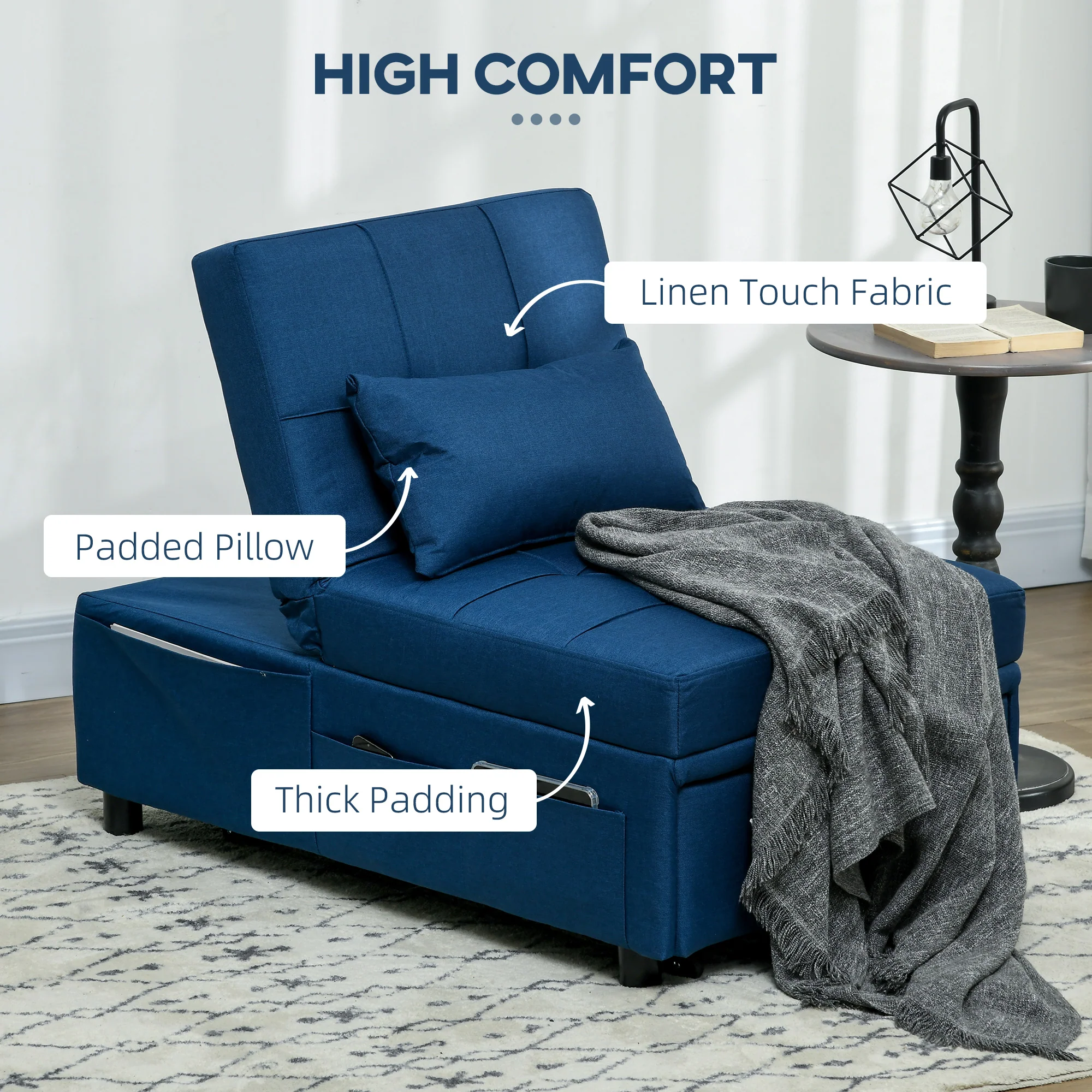 HOMCOM Folding Sofa Bed Adjustable Single Sleeper W/ Pillow Side Pocket, Blue - Image 3