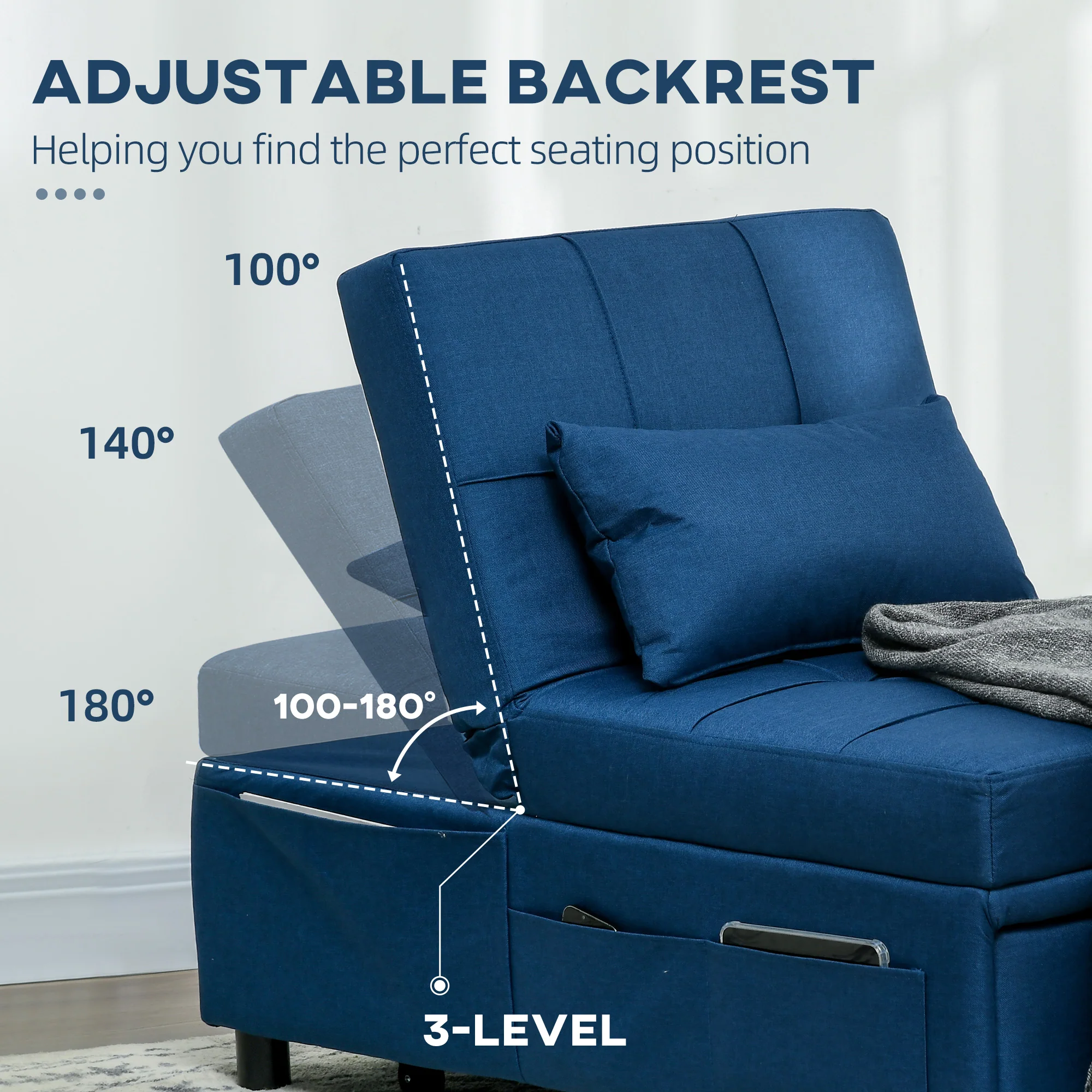 HOMCOM Folding Sofa Bed Adjustable Single Sleeper W/ Pillow Side Pocket, Blue - Image 4