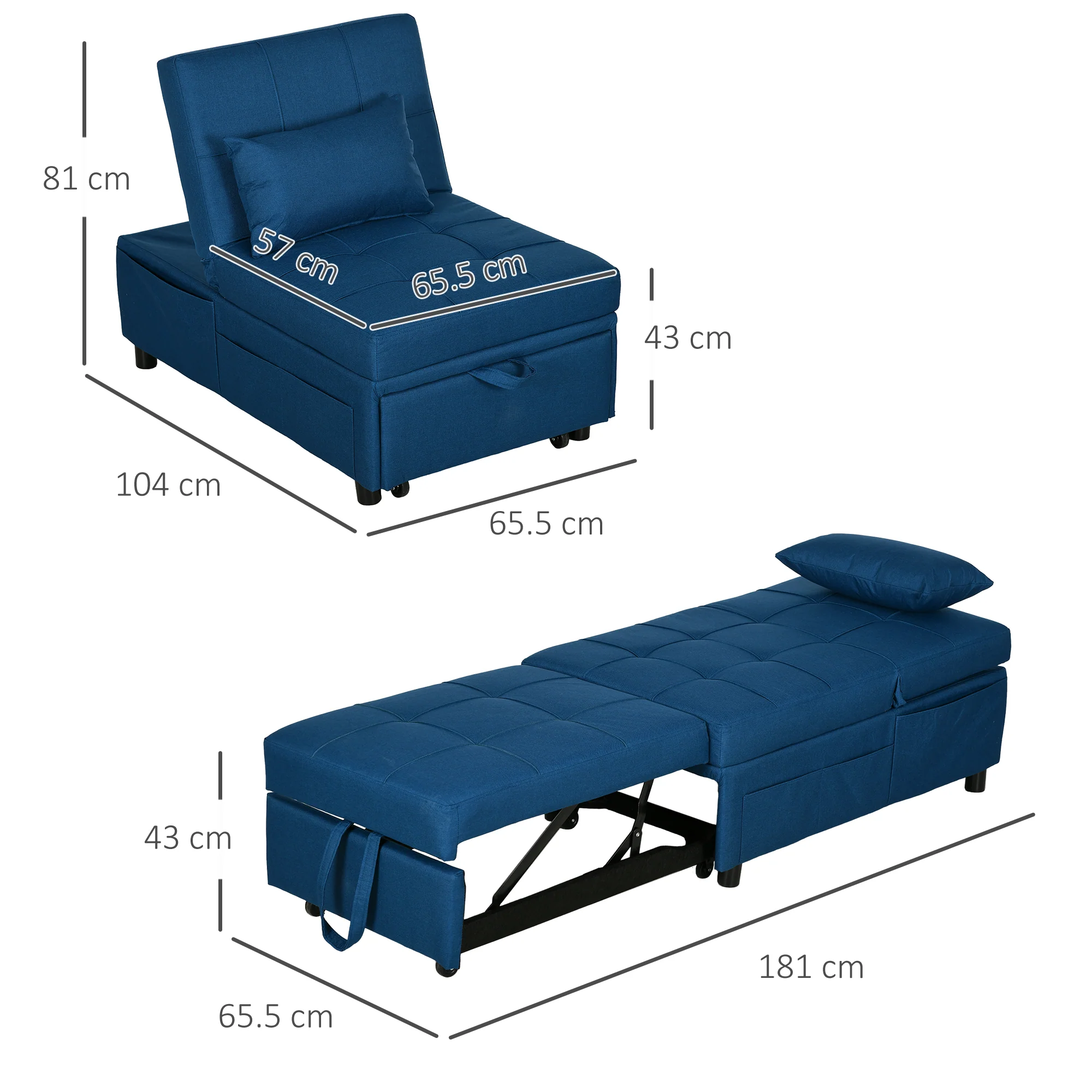 HOMCOM Folding Sofa Bed Adjustable Single Sleeper W/ Pillow Side Pocket, Blue - Image 5