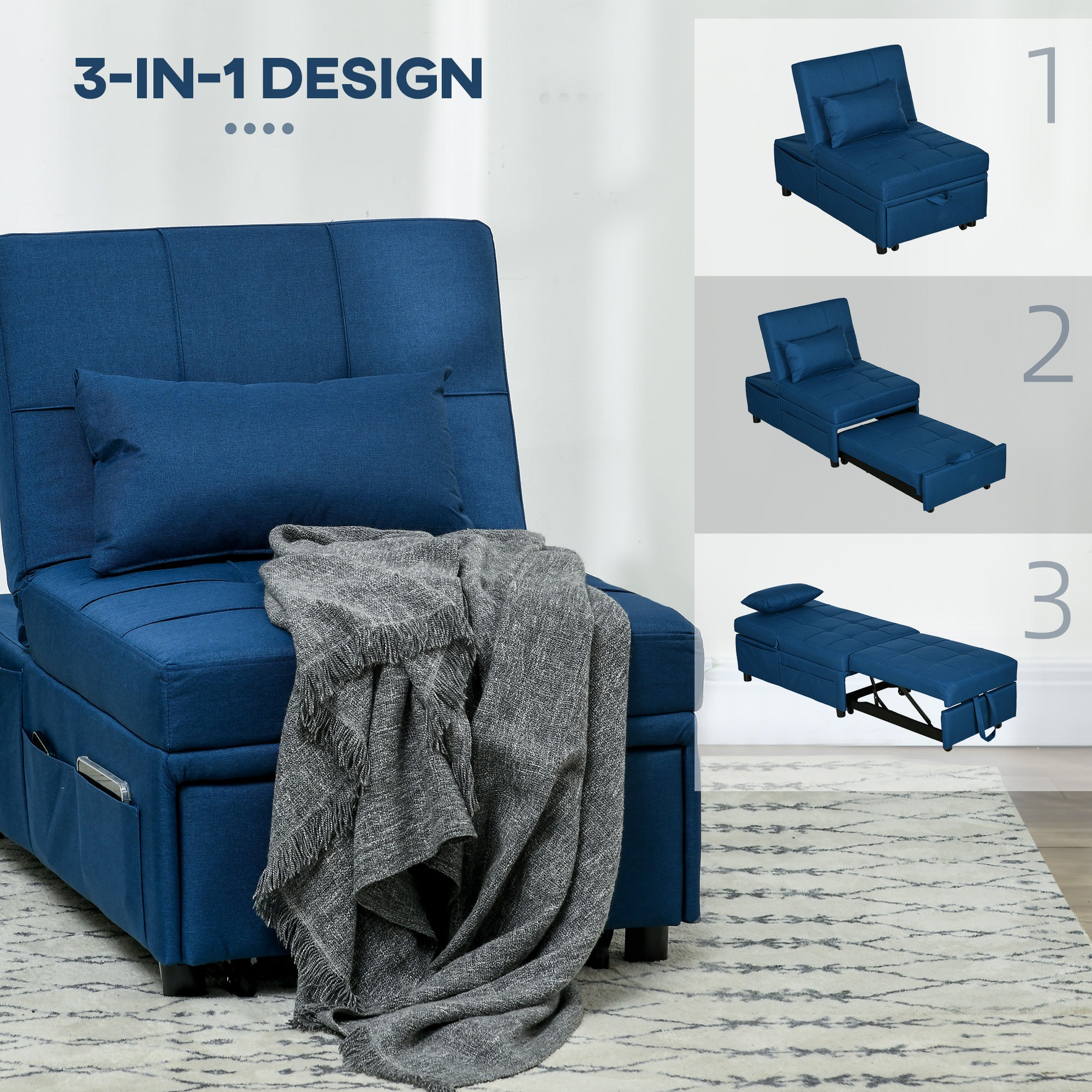 HOMCOM Folding Sofa Bed Adjustable Single Sleeper W/ Pillow Side Pocket, Blue - Image 6