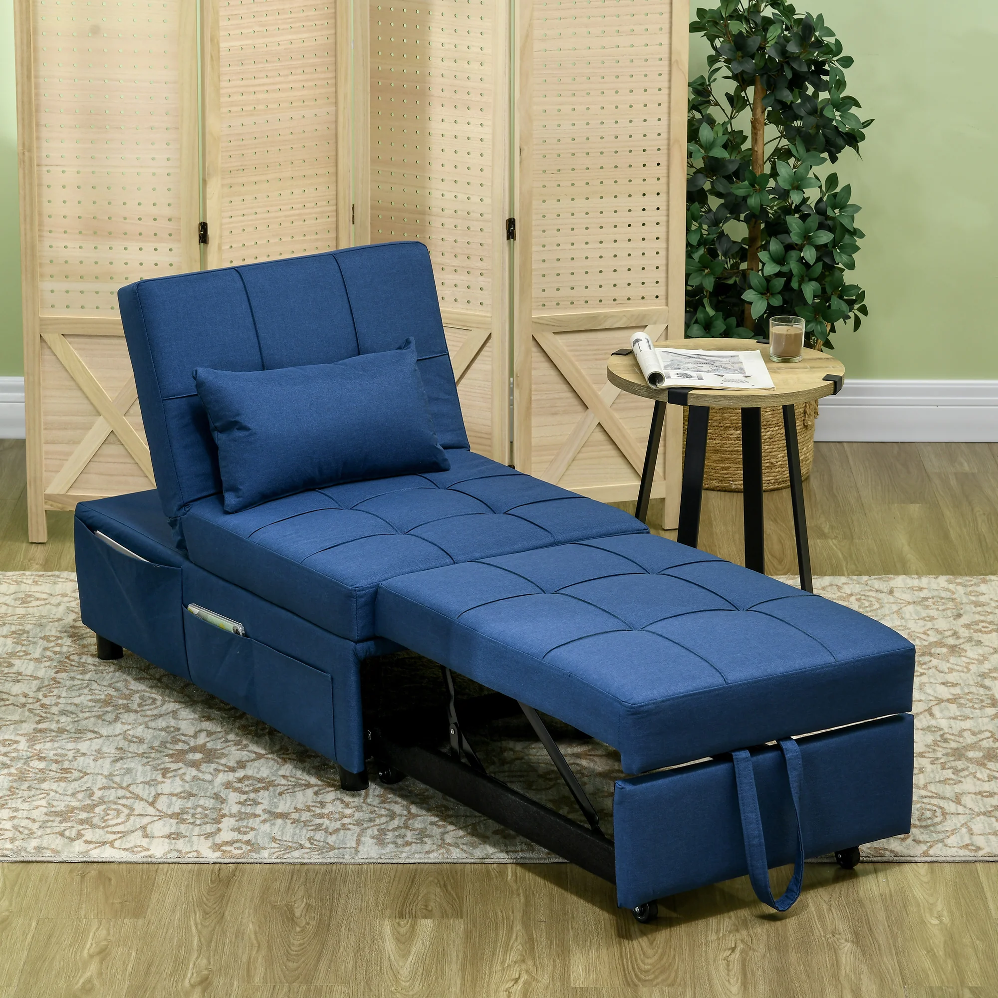 HOMCOM Folding Sofa Bed Adjustable Single Sleeper W/ Pillow Side Pocket, Blue - Image 7