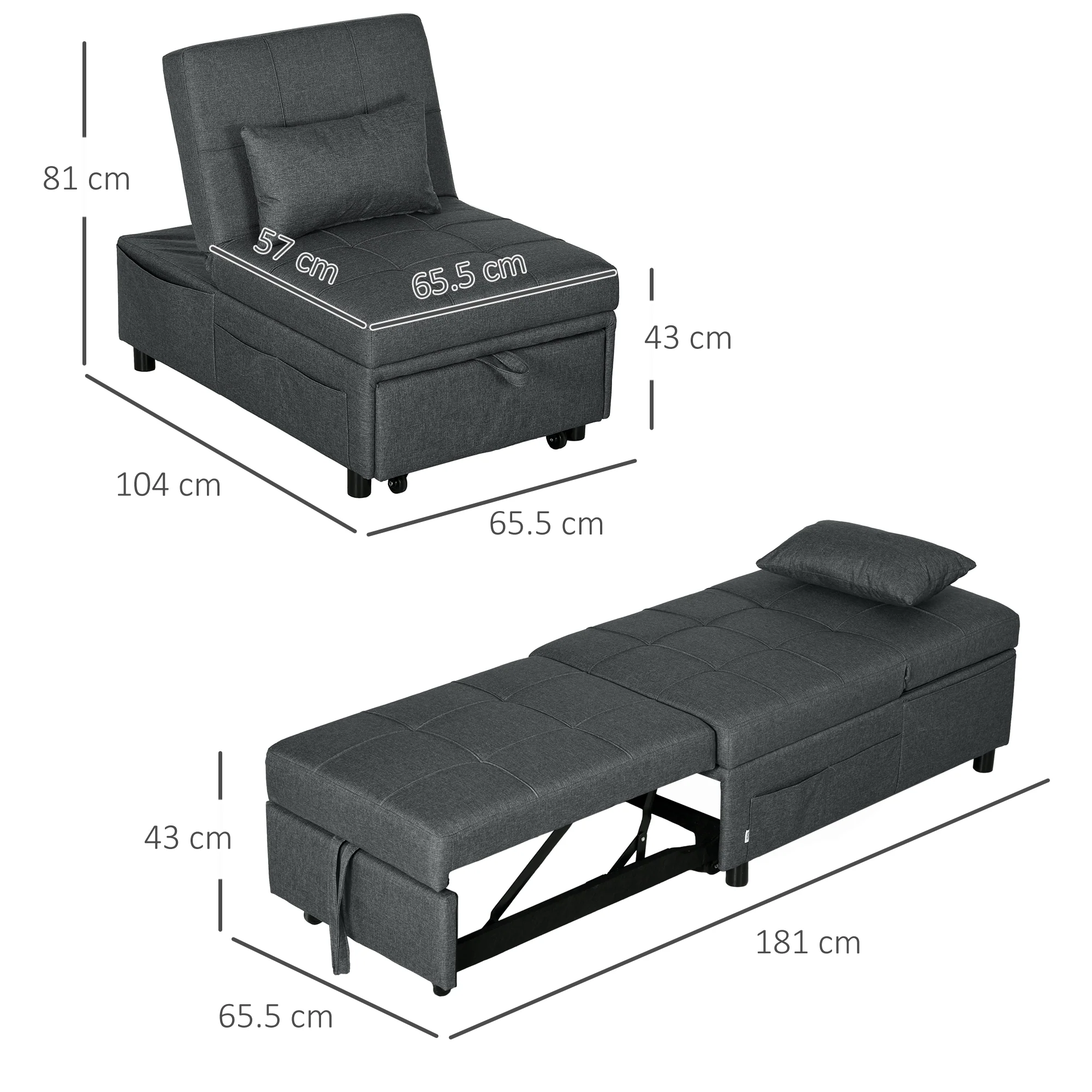 HOMCOM Folding Sofa Bed Adjustable Single Sleeper W/ Pillow Side Pocket, Grey - Image 5