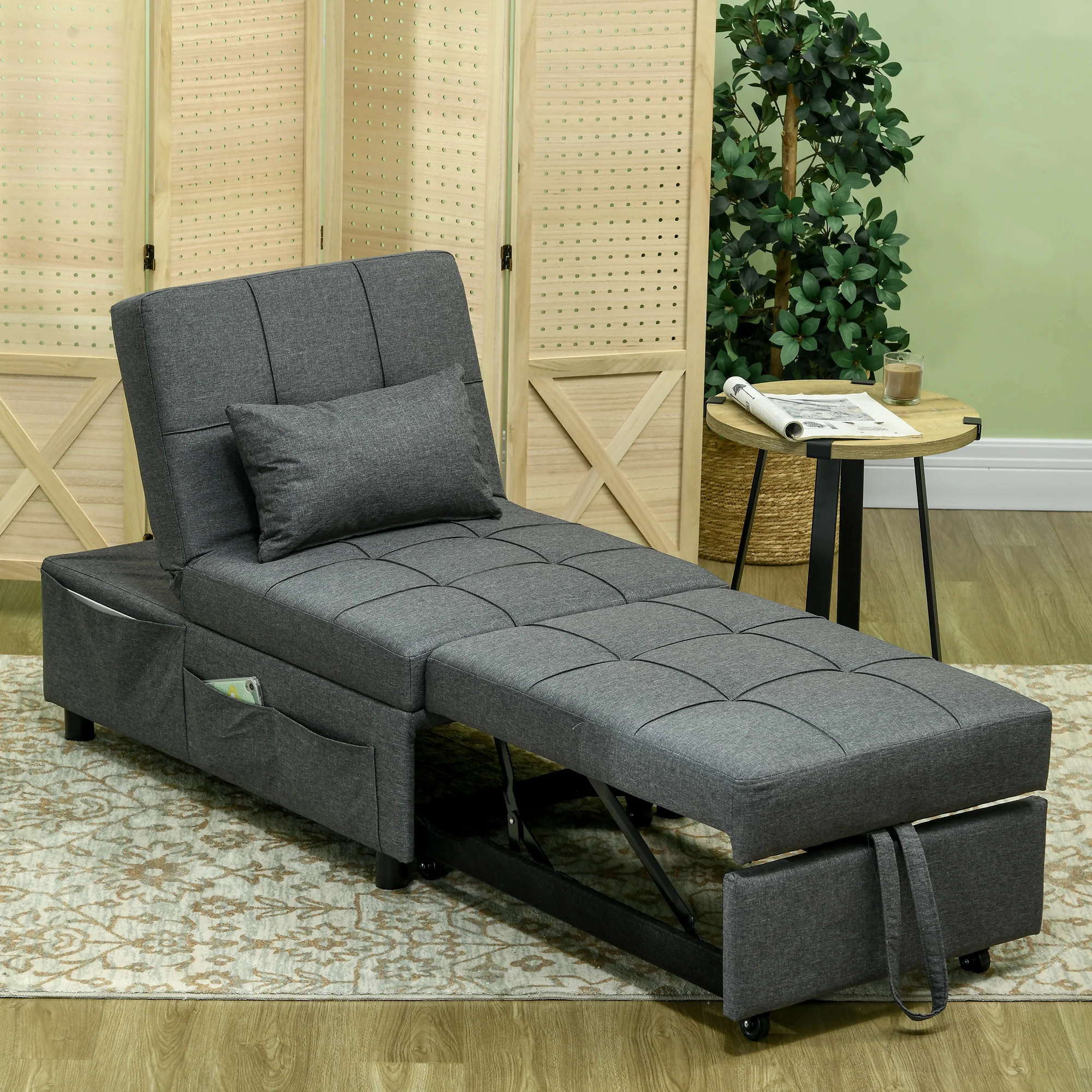 HOMCOM Folding Sofa Bed Adjustable Single Sleeper W/ Pillow Side Pocket, Grey - Image 7