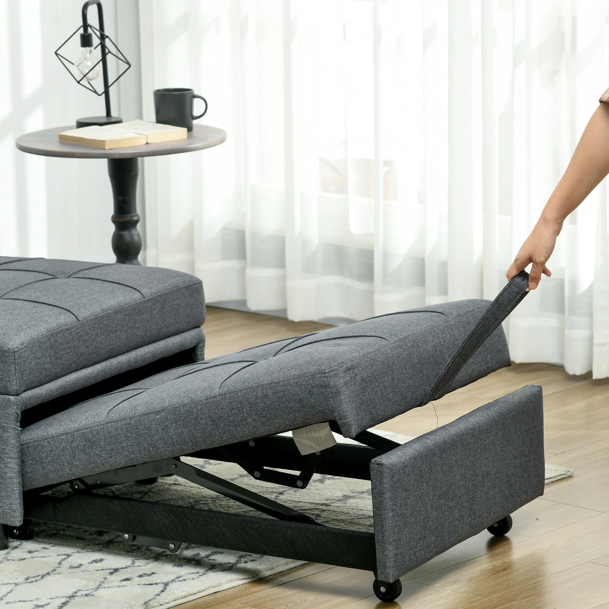 HOMCOM Folding Sofa Bed Adjustable Single Sleeper W/ Pillow Side Pocket, Grey - Image 8