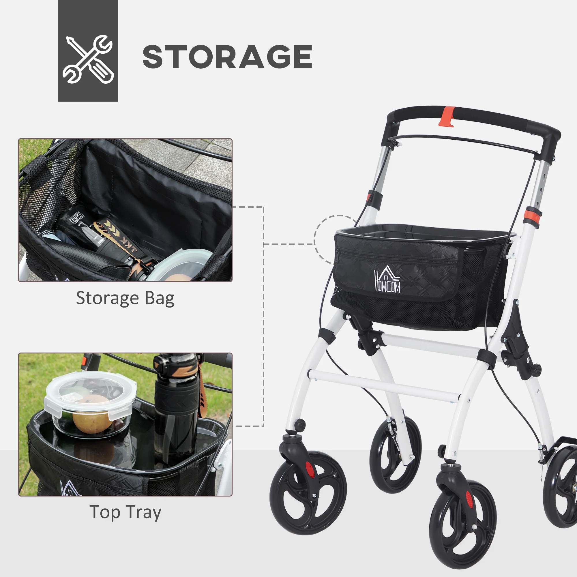 HOMCOM Folding Upright Rollator Walker With Storage Bag, Tray, White - Image 3
