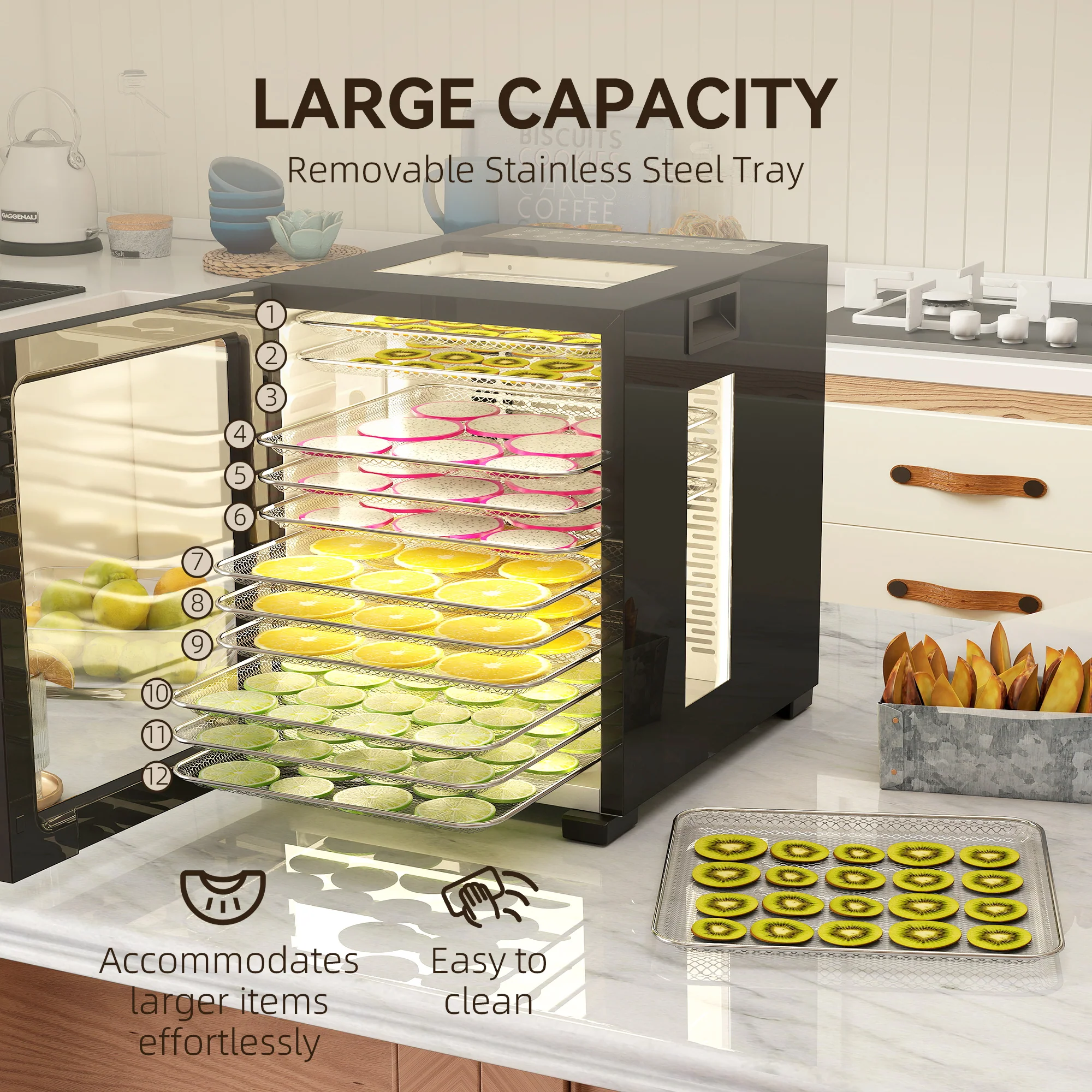 HOMCOM Food Dehydrator With 12 Stainless Steel Tray, 850W Food Dryer Machine - Image 3