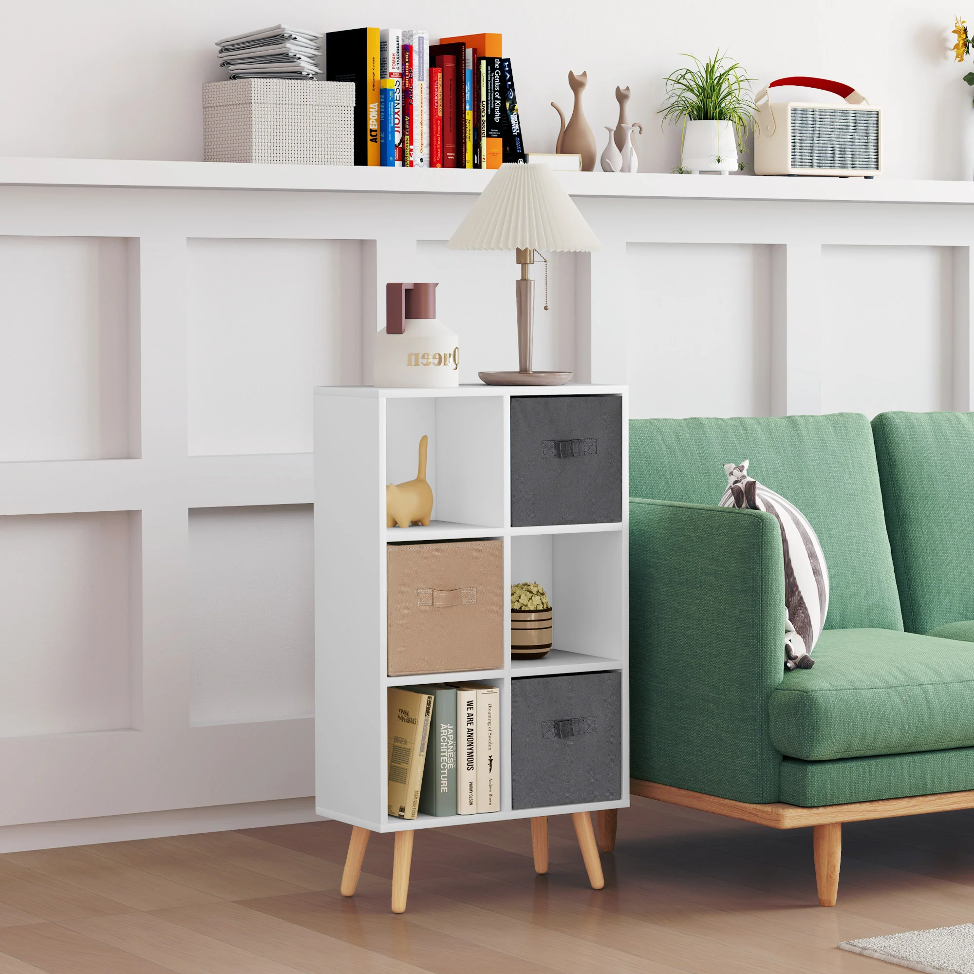 HOMCOM Freestanding 6 Cube Storage Cabinet Unit Bookcase W/ 3 Drawer White - Image 2