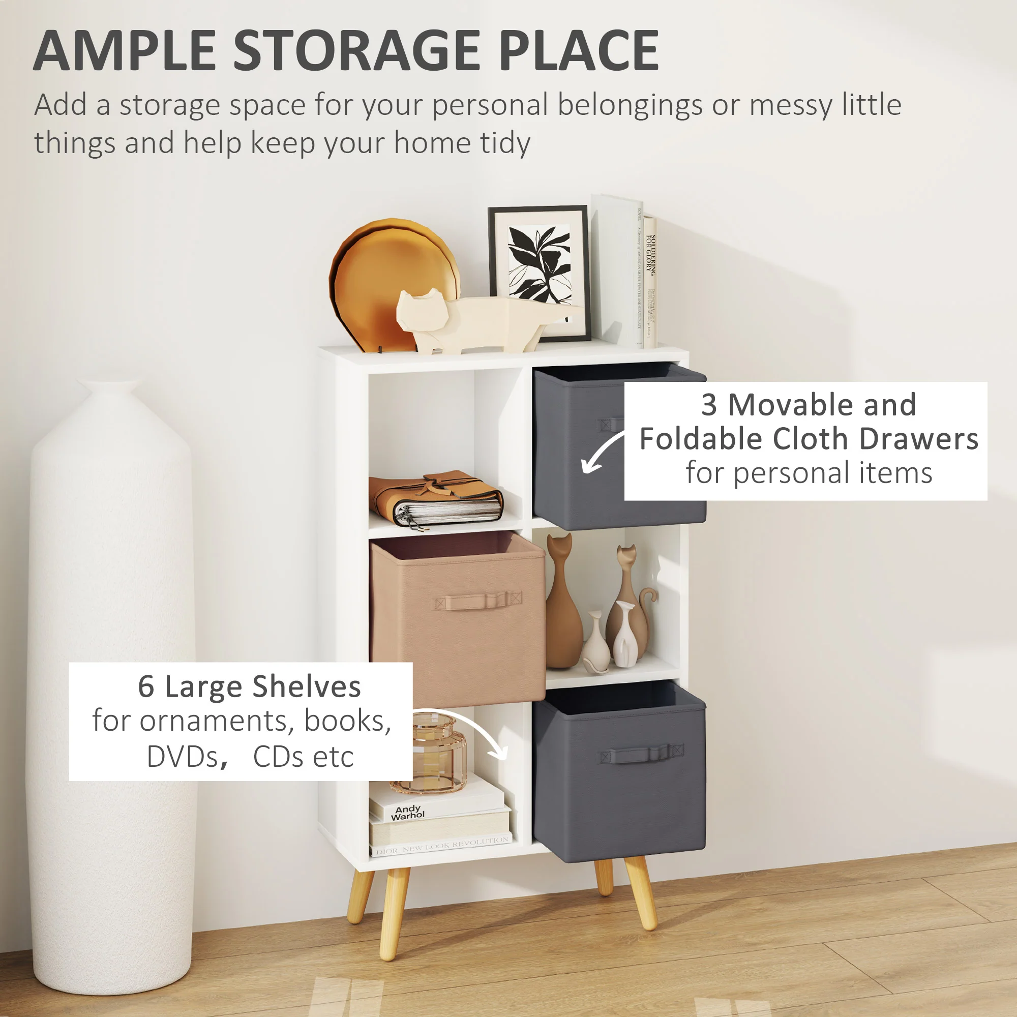 HOMCOM Freestanding 6 Cube Storage Cabinet Unit Bookcase W/ 3 Drawer White - Image 3