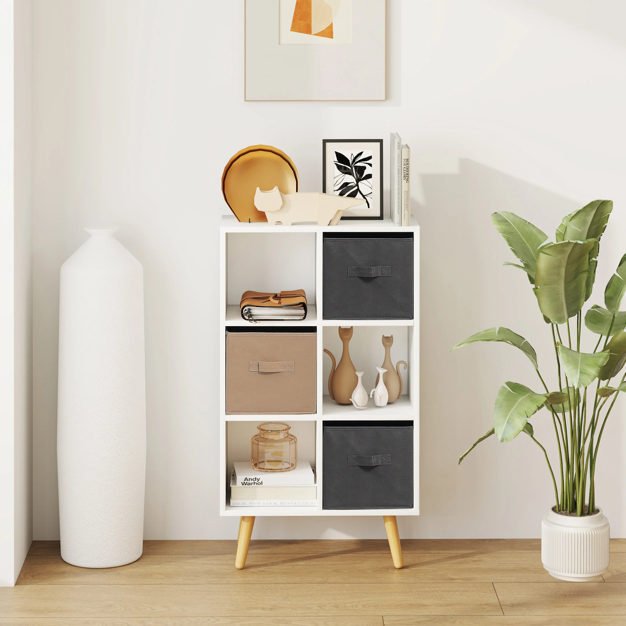HOMCOM Freestanding 6 Cube Storage Cabinet Unit Bookcase W/ 3 Drawer White - Image 6