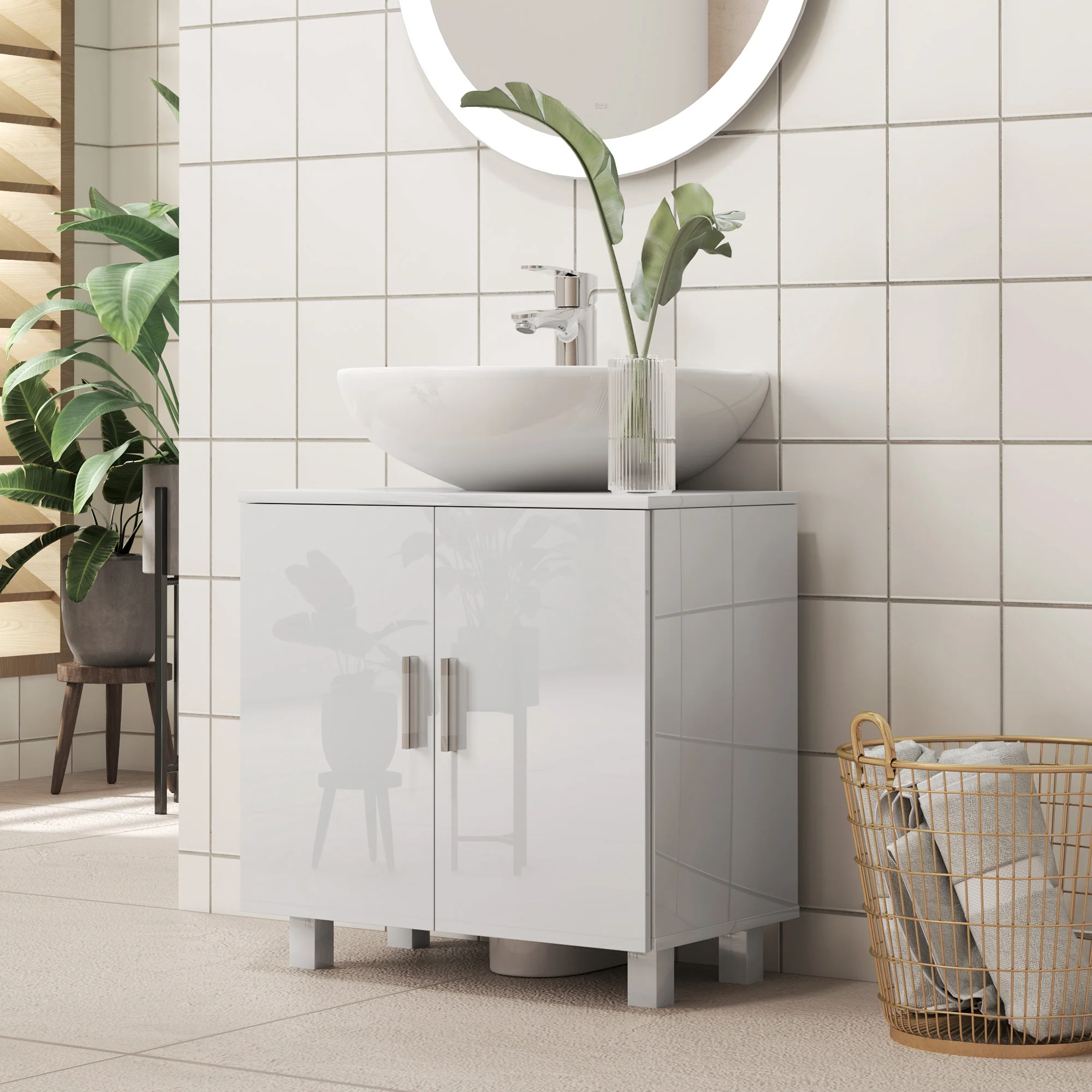HOMCOM Freestanding Bathroom High Gloss Under Sink Cabinet, White - Image 2