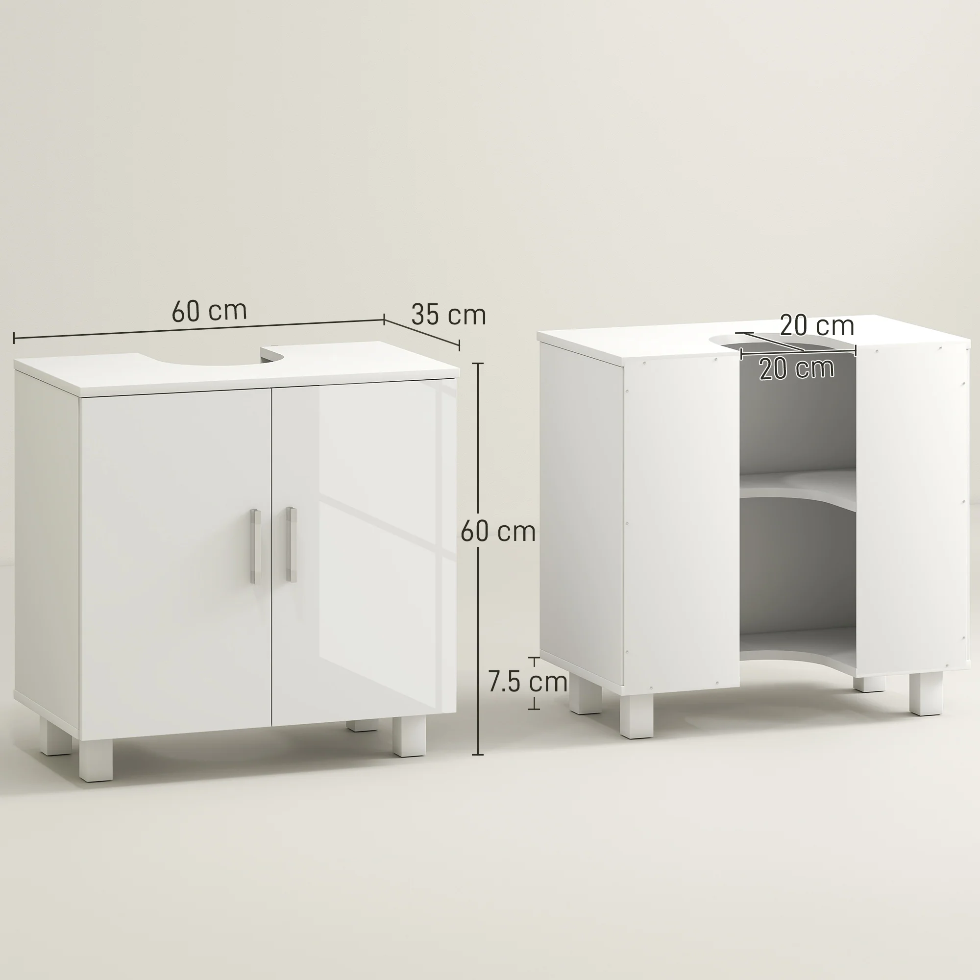 HOMCOM Freestanding Bathroom High Gloss Under Sink Cabinet, White - Image 3
