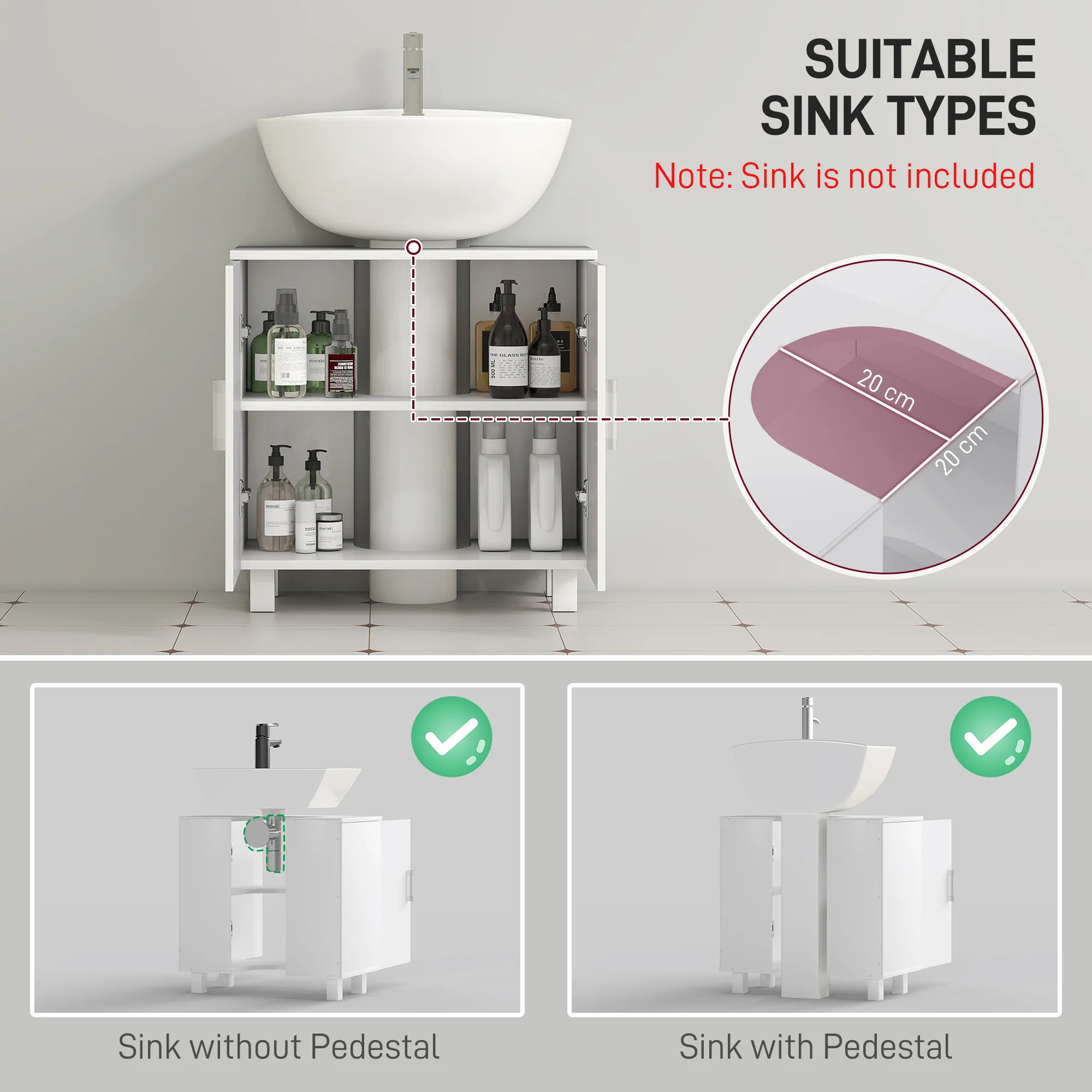 HOMCOM Freestanding Bathroom High Gloss Under Sink Cabinet, White - Image 4