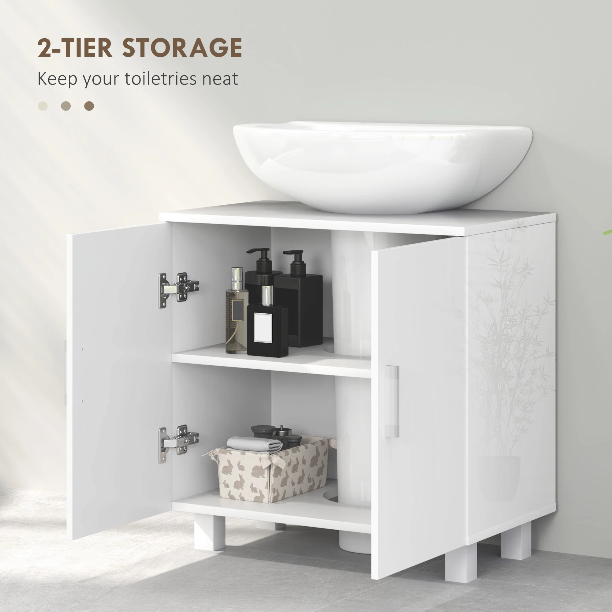 HOMCOM Freestanding Bathroom High Gloss Under Sink Cabinet, White - Image 5