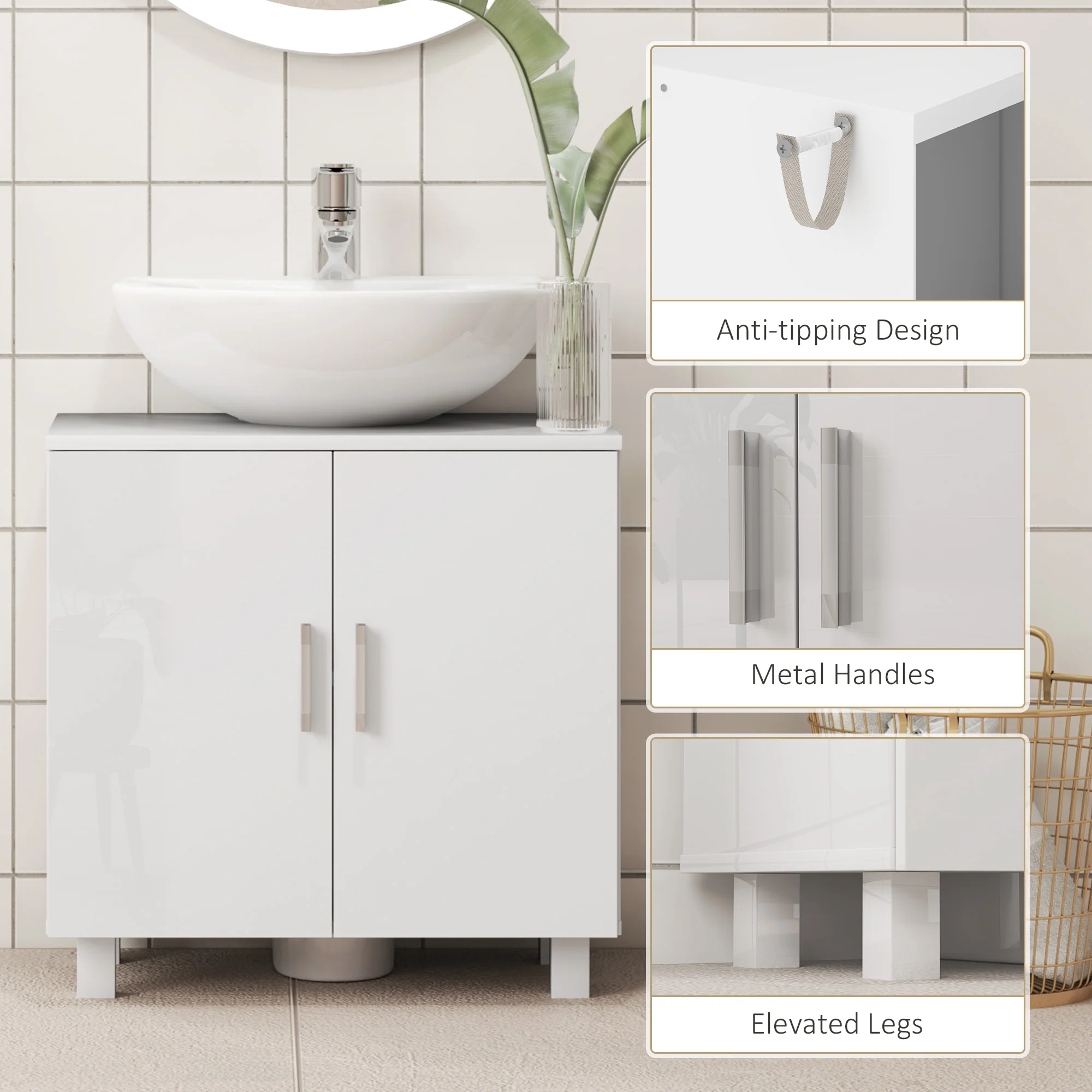 HOMCOM Freestanding Bathroom High Gloss Under Sink Cabinet, White - Image 7