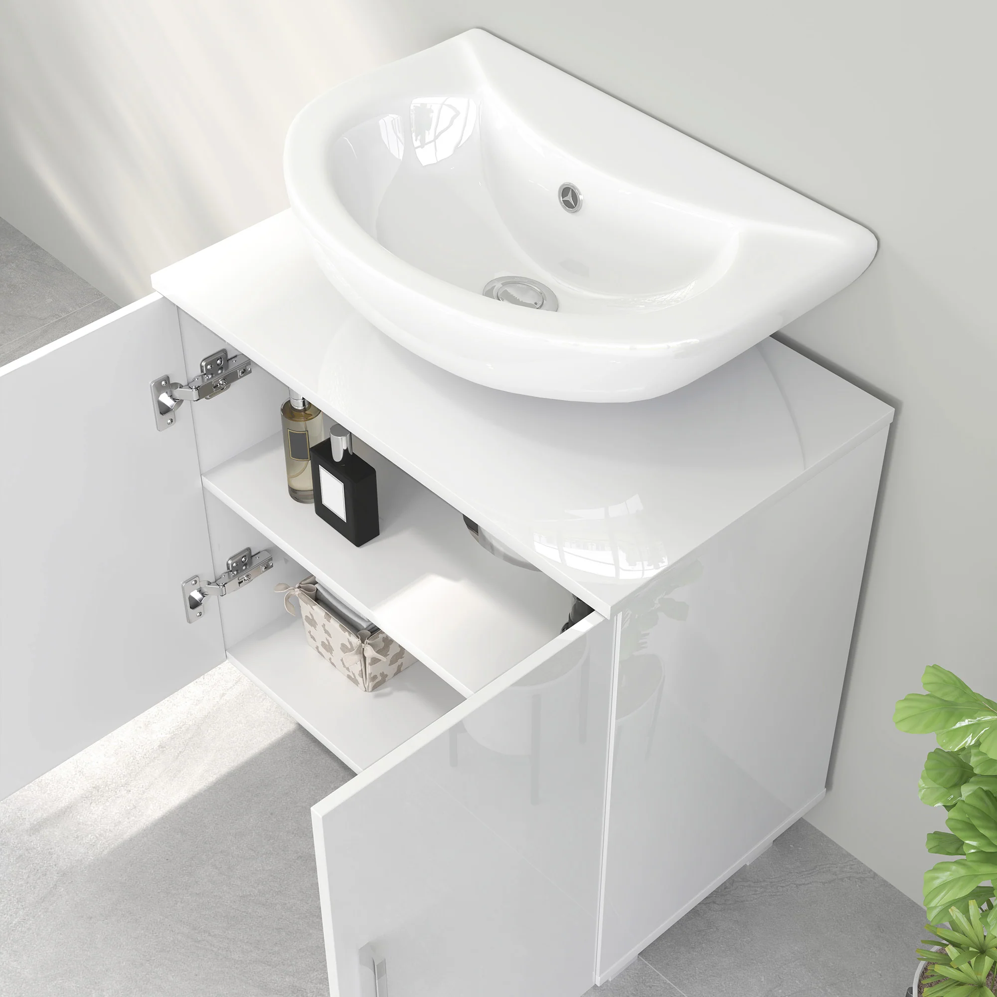 HOMCOM Freestanding Bathroom High Gloss Under Sink Cabinet, White - Image 8