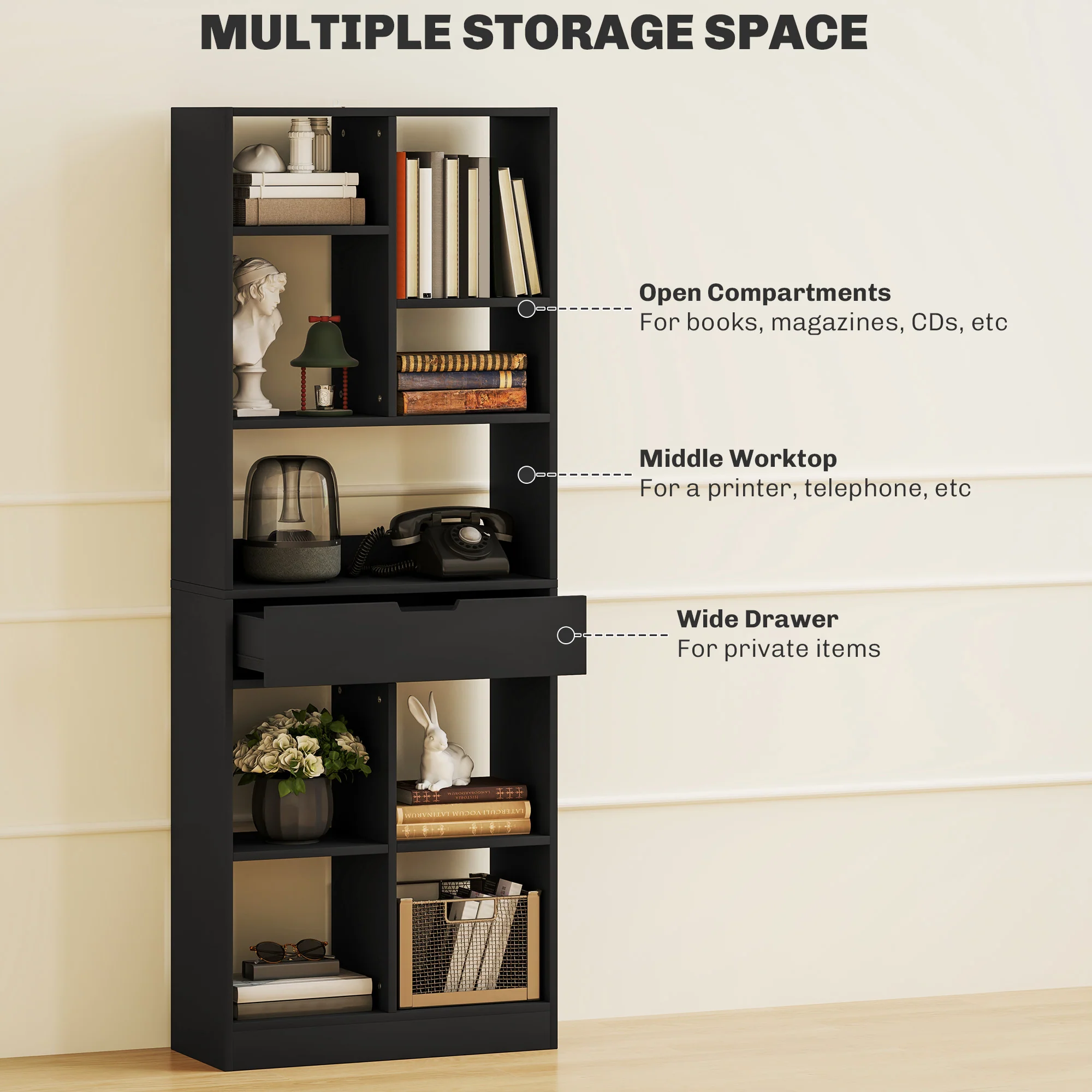 HOMCOM Freestanding Bookcase Display Shelf With Drawer For Home Office - Image 4