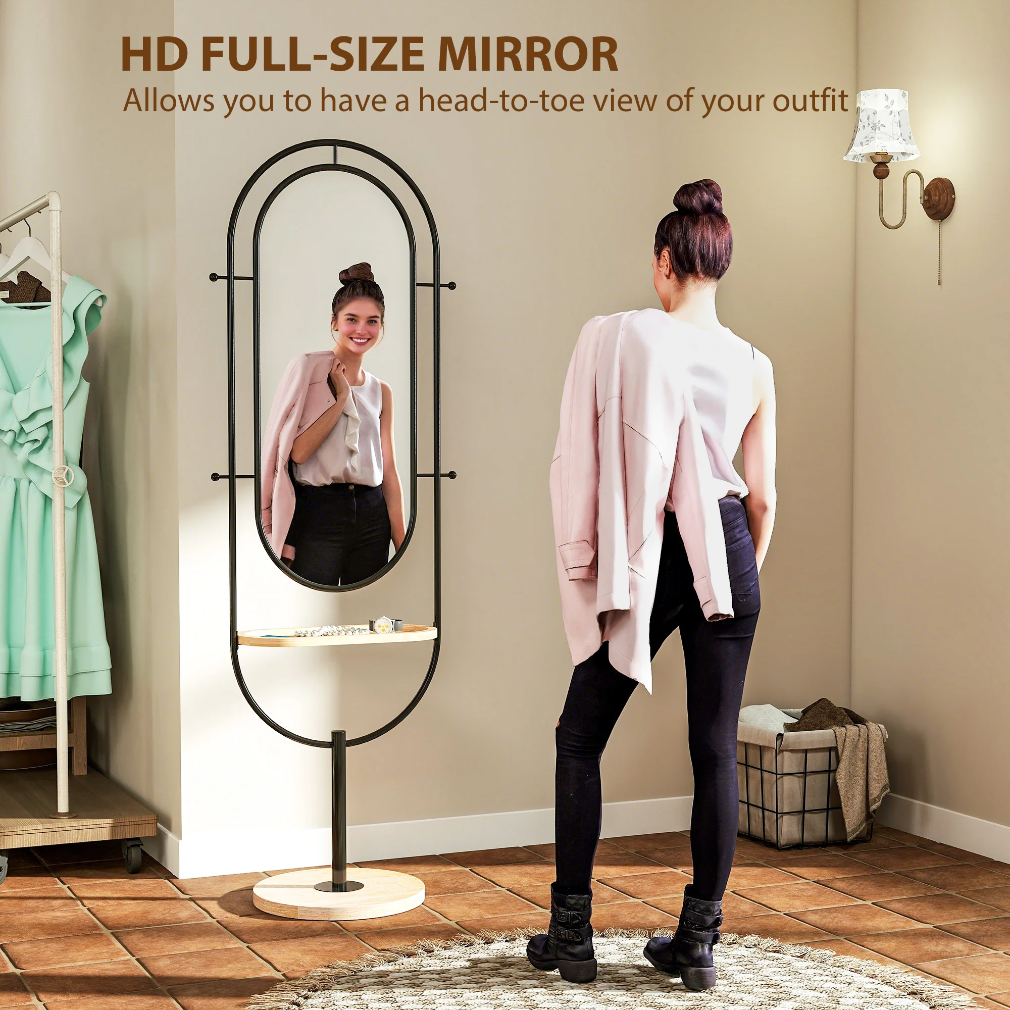 HOMCOM Full Length Mirror, Free Standing Mirror with Tray and Hooks, Black - Image 3