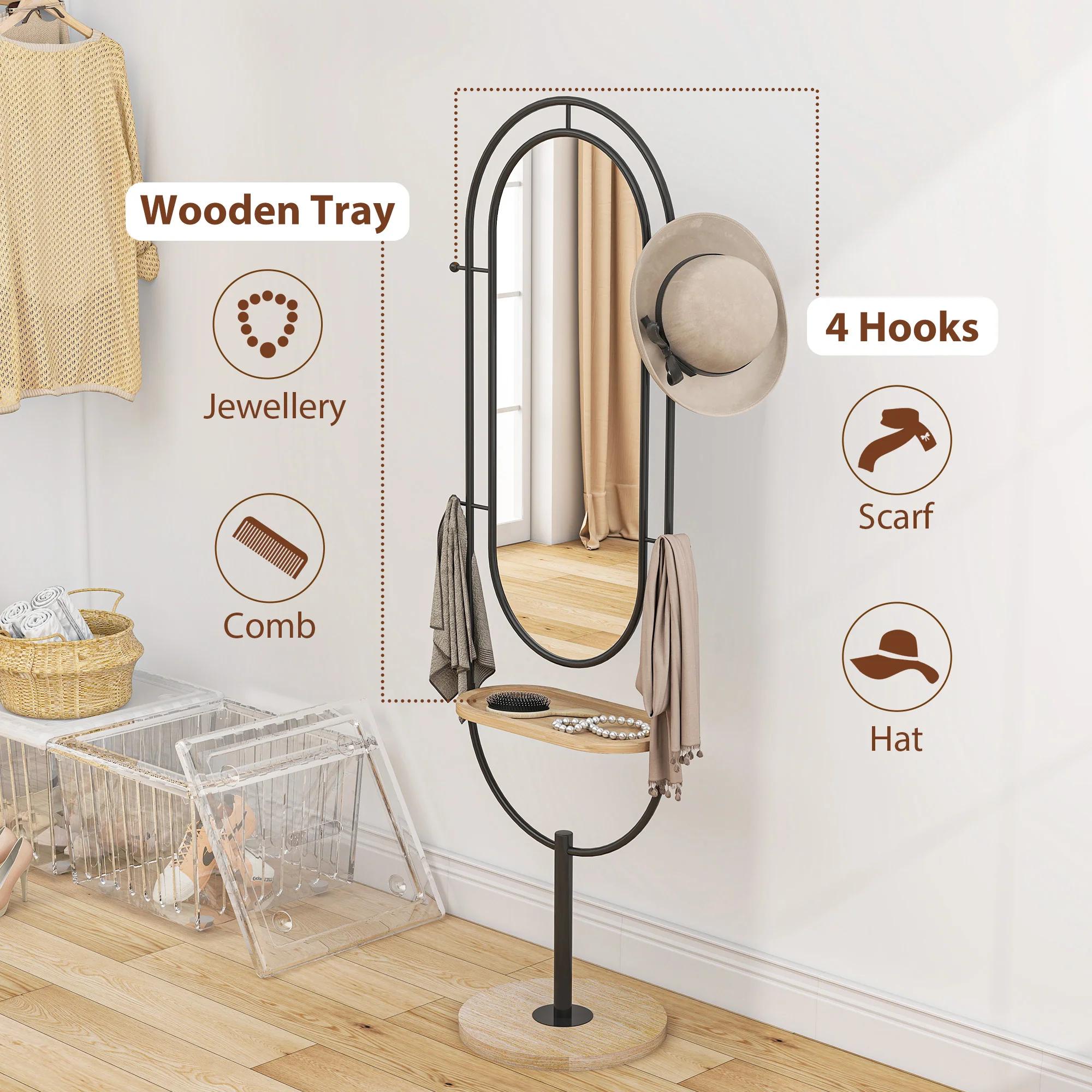 HOMCOM Full Length Mirror, Free Standing Mirror with Tray and Hooks, Black - Image 4