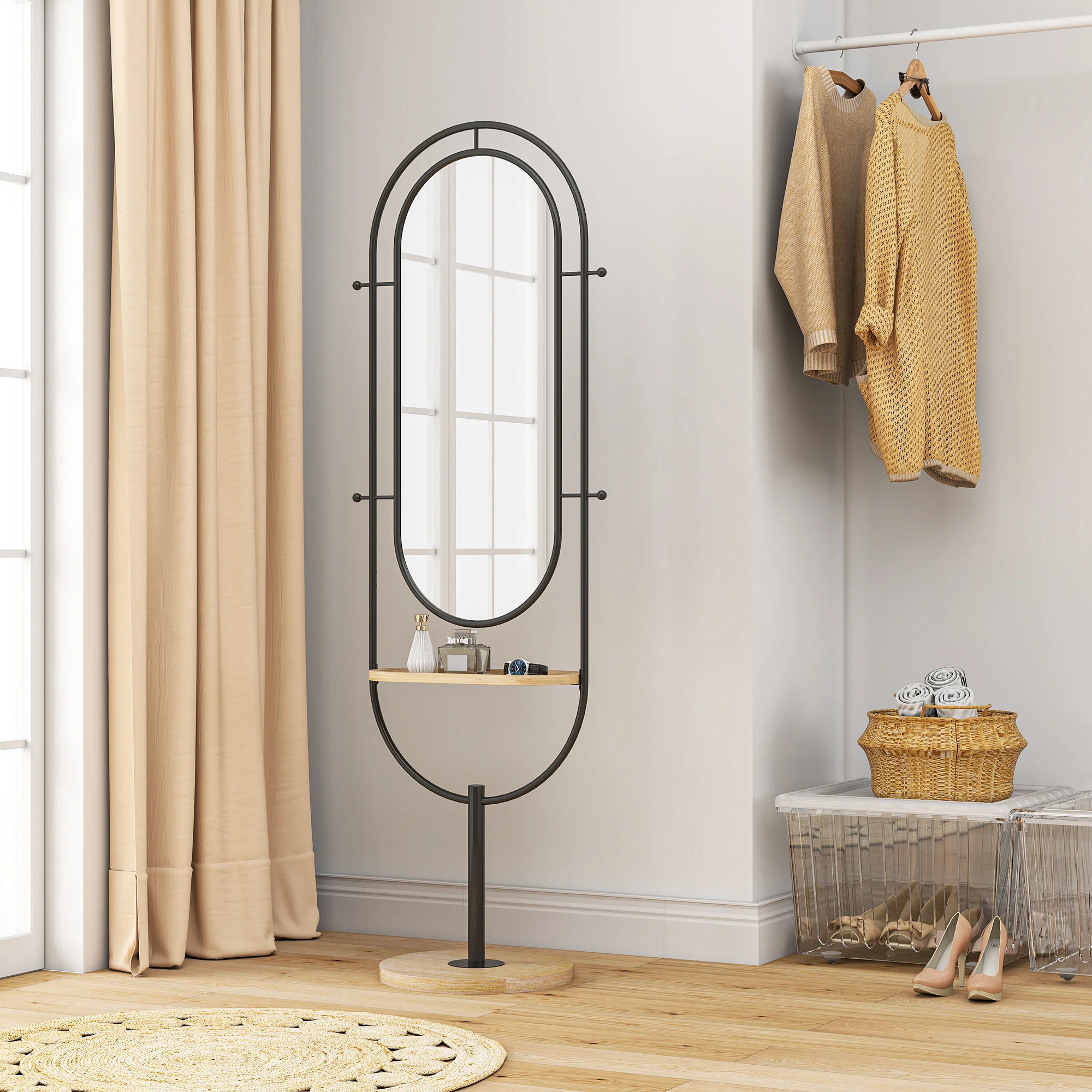 HOMCOM Full Length Mirror, Free Standing Mirror with Tray and Hooks, Black - Image 9