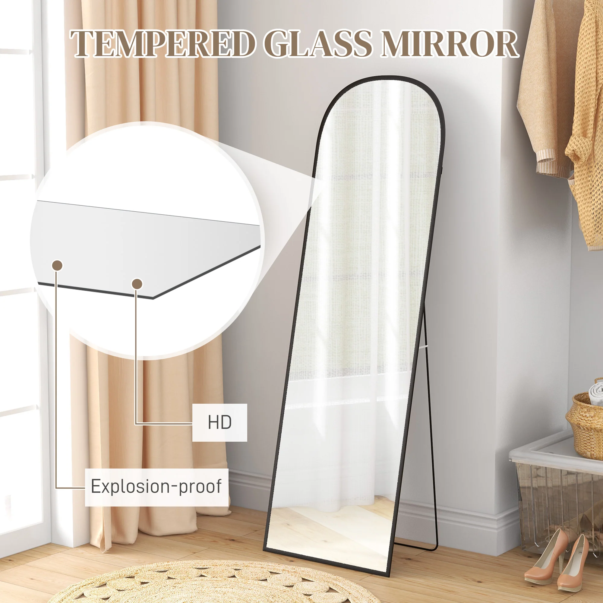 HOMCOM Full Length Mirror With Aluminium Alloy Frame Hanging Or Leaning Black - Image 4