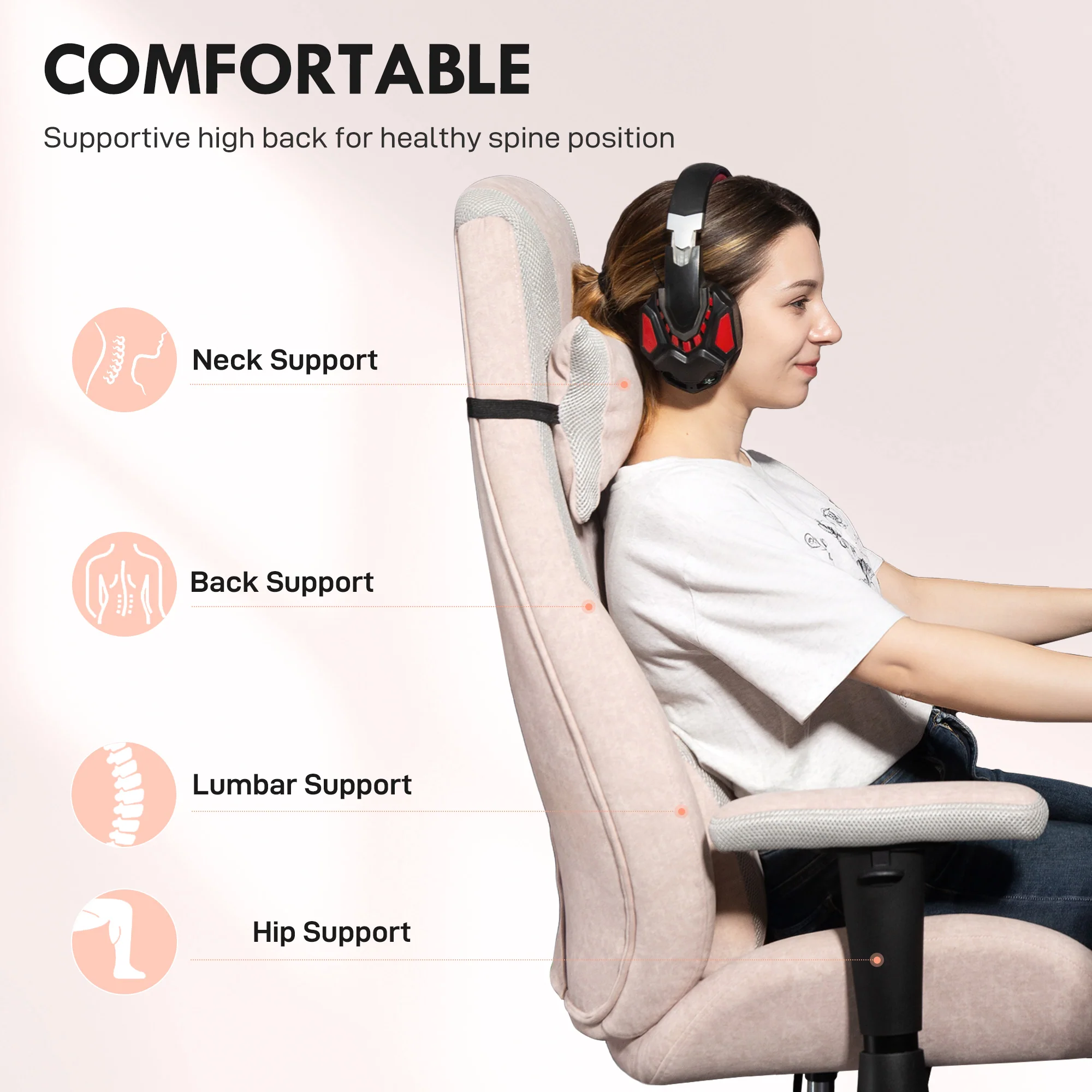 HOMCOM Gamer Computer Chair, Gaming Chair with Swivel Wheels, Pale Pink - Image 3