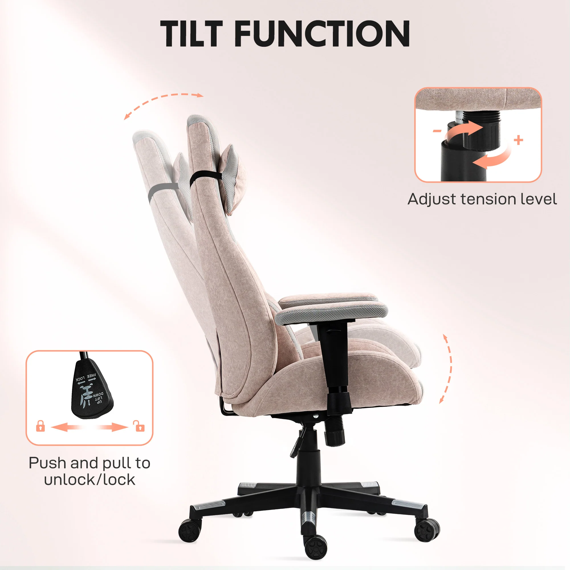 HOMCOM Gamer Computer Chair, Gaming Chair with Swivel Wheels, Pale Pink - Image 4