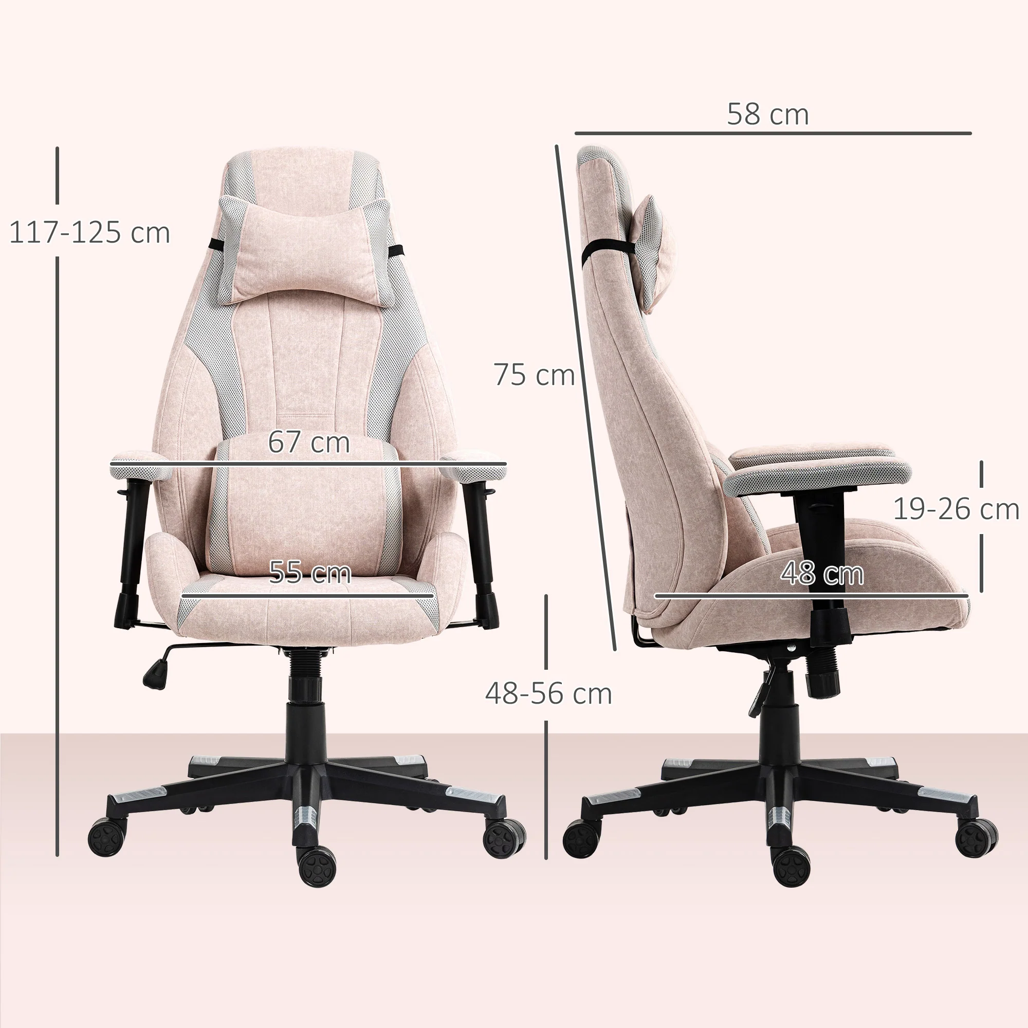 HOMCOM Gamer Computer Chair, Gaming Chair with Swivel Wheels, Pale Pink - Image 5