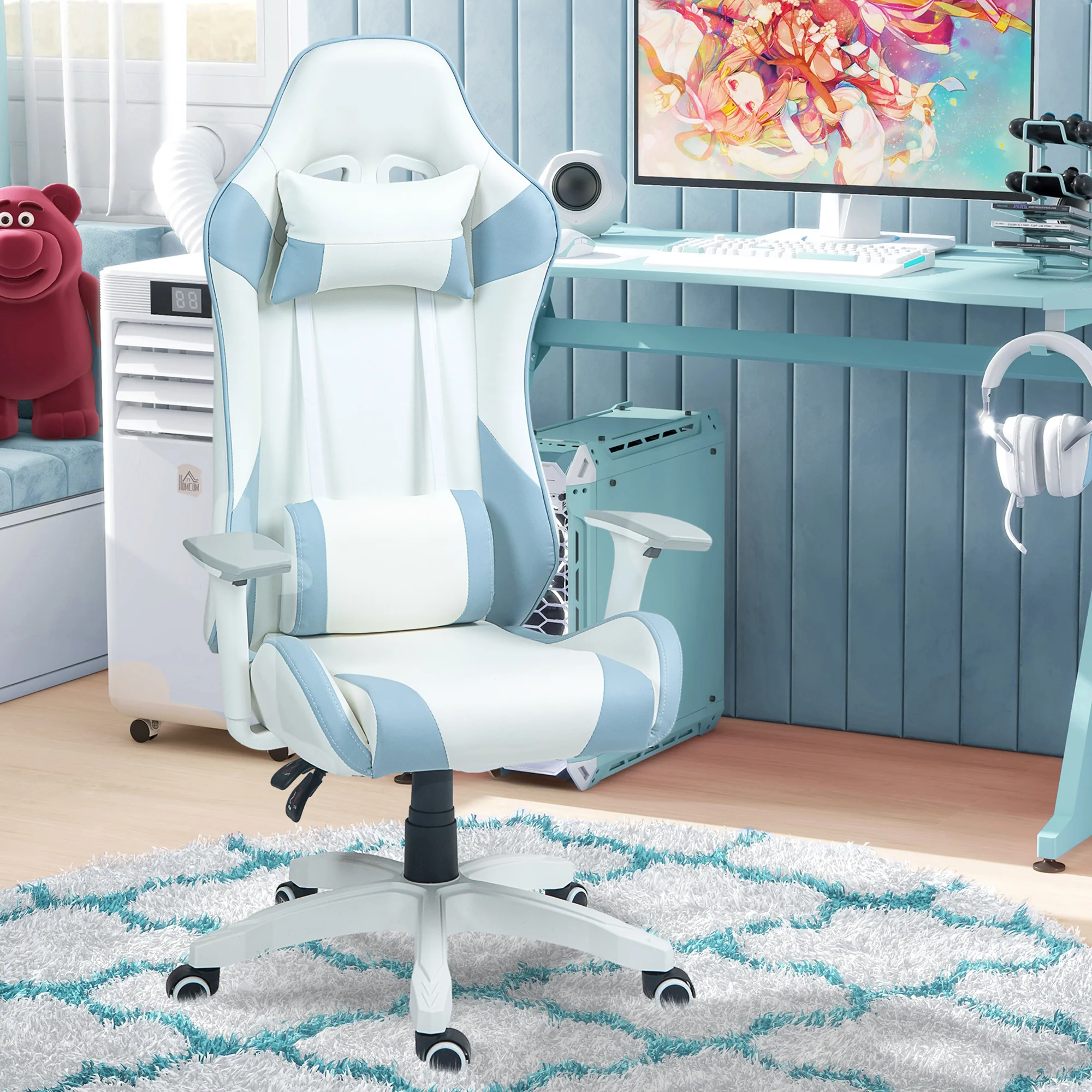 HOMCOM Gaming Chair For Adults Faux Leather Computer Chair W/ 3D Armrests - Pink/Blue - Image 11