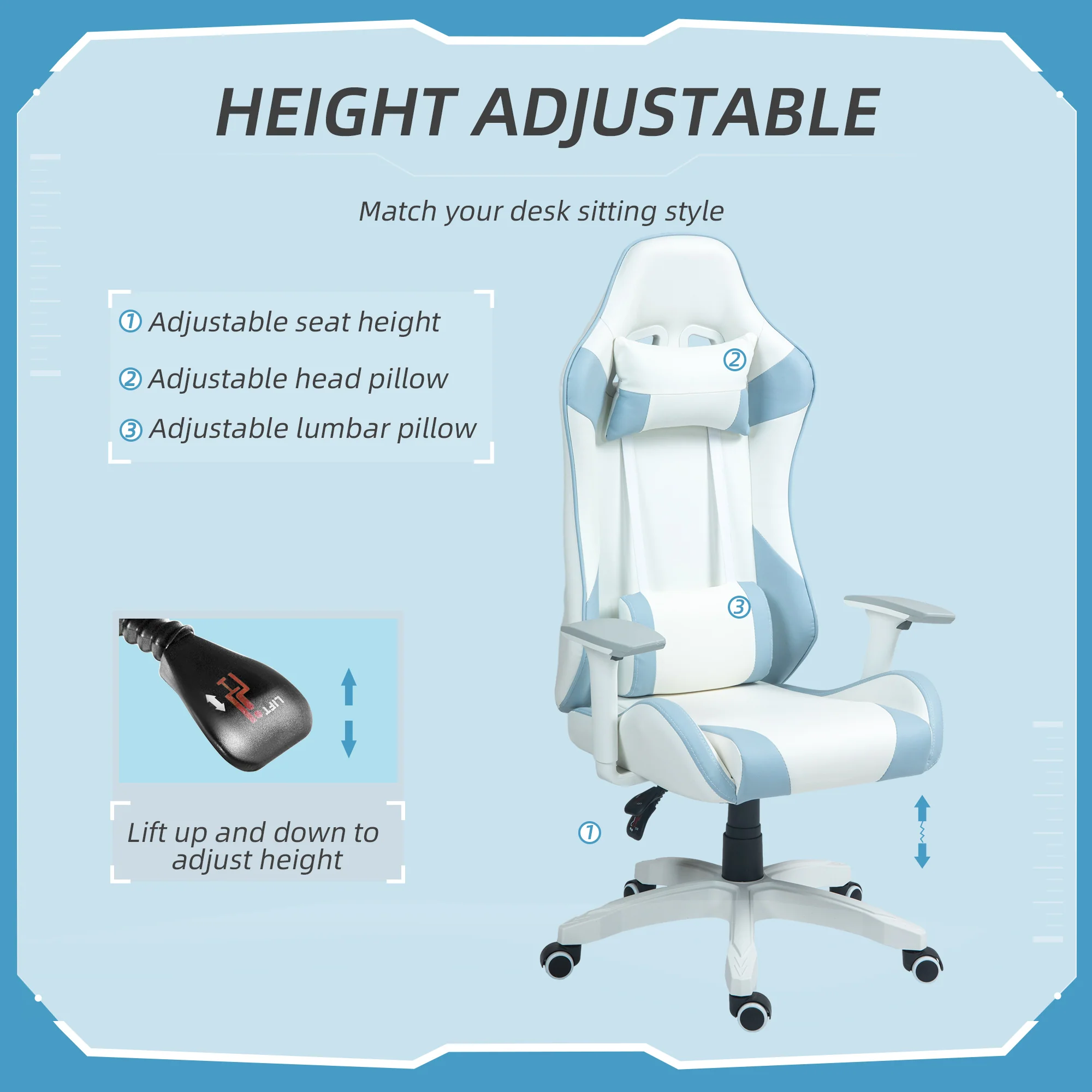HOMCOM Gaming Chair For Adults Faux Leather Computer Chair W/ 3D Armrests - Pink/Blue - Image 12