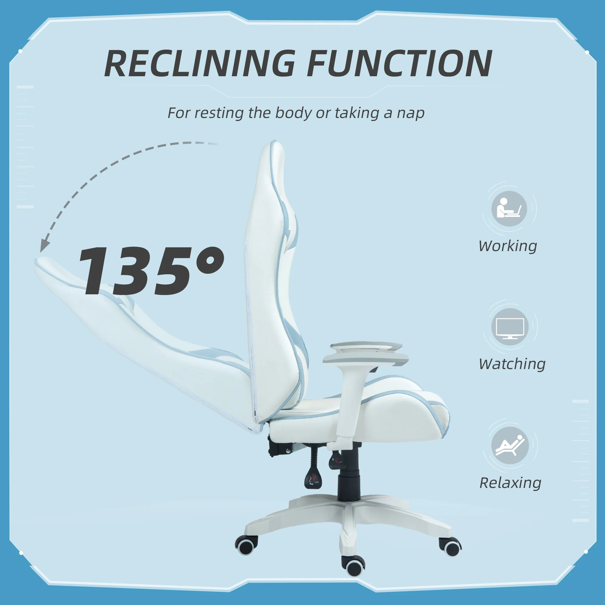 HOMCOM Gaming Chair For Adults Faux Leather Computer Chair W/ 3D Armrests - Pink/Blue - Image 13